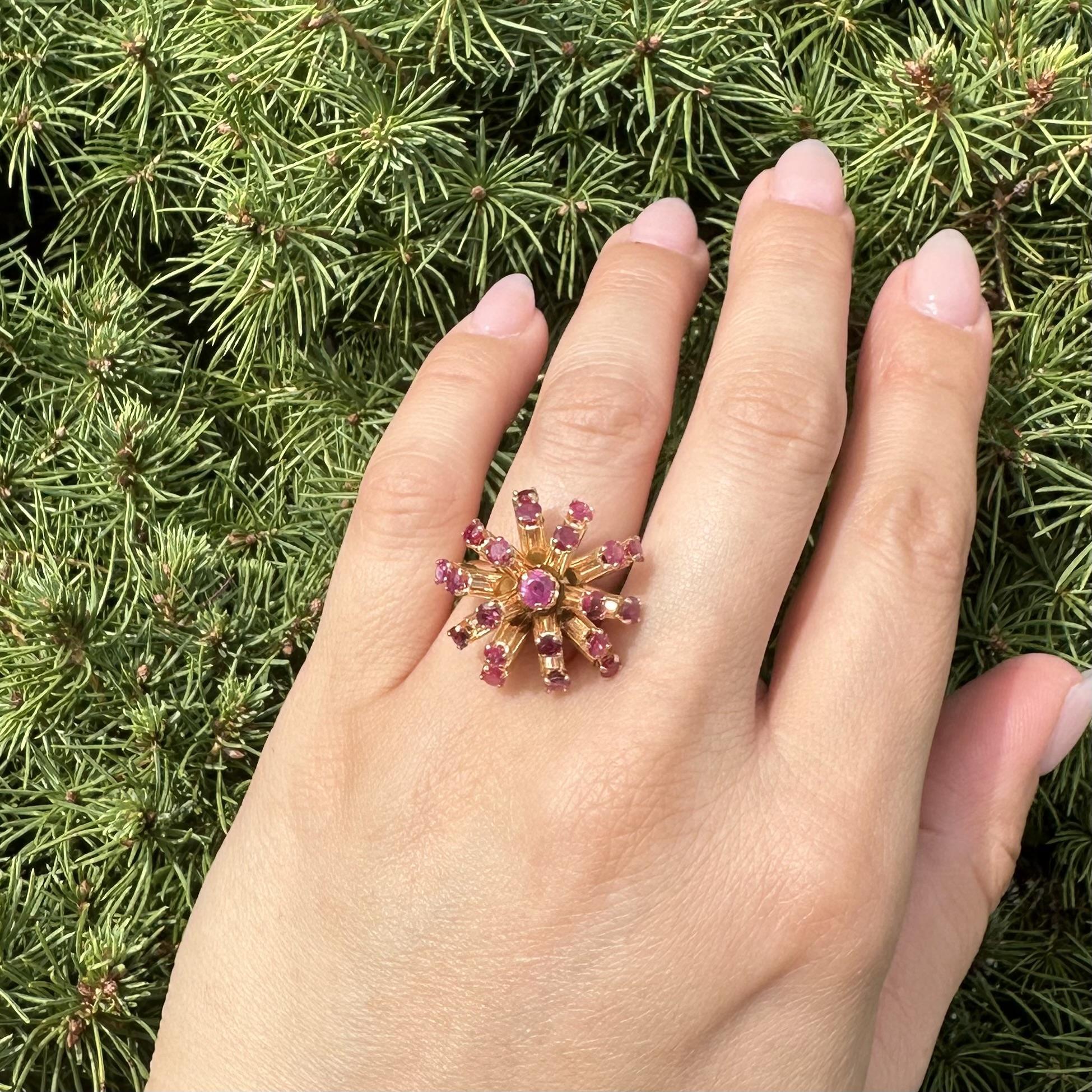 Brilliant Cut Vintage Retro Solid Yellow Gold Large 2.40ctw Round Ruby Sputnik Domed Ring For Sale
