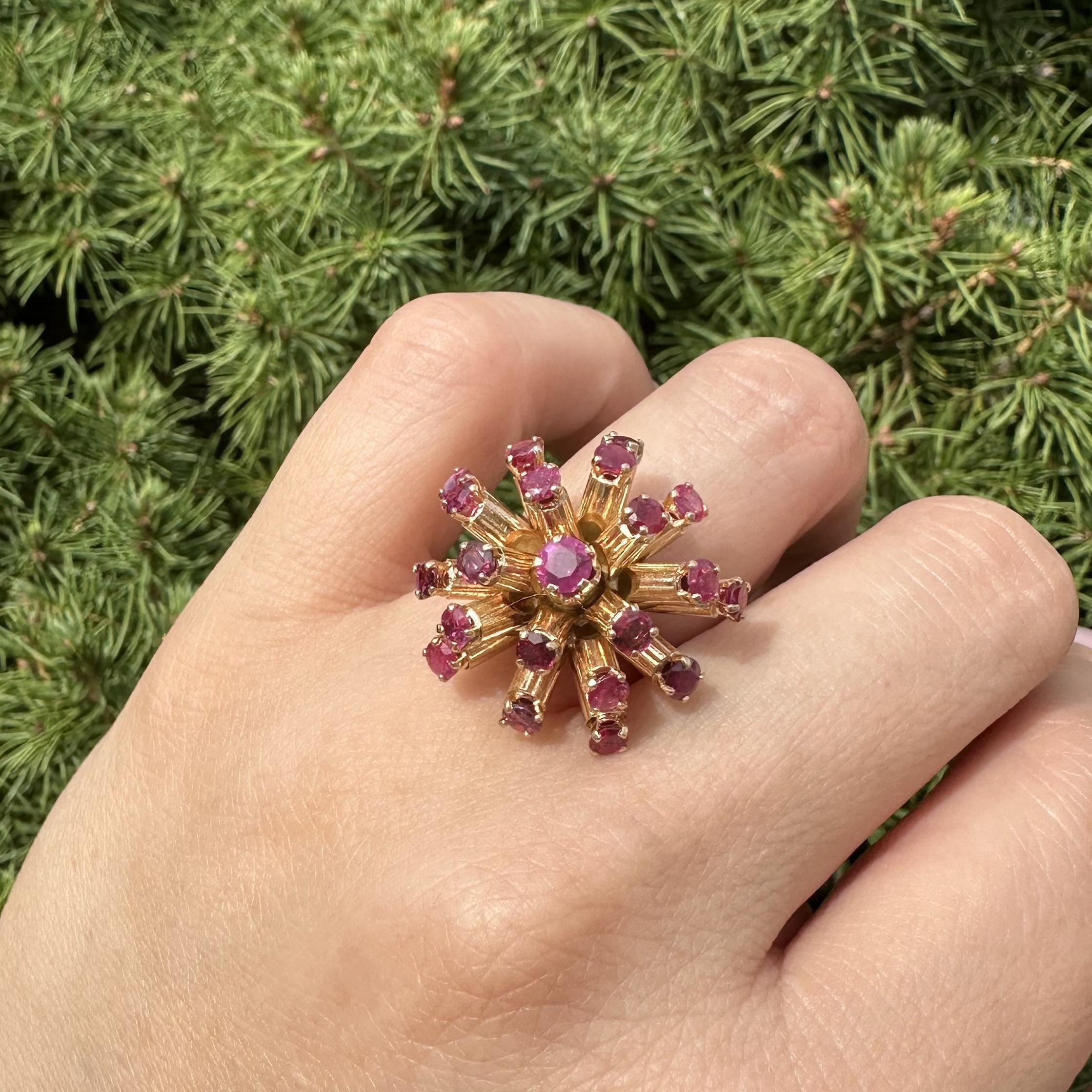 Vintage Retro Solid Yellow Gold Large 2.40ctw Round Ruby Sputnik Domed Ring In Good Condition For Sale In Montclair, NJ