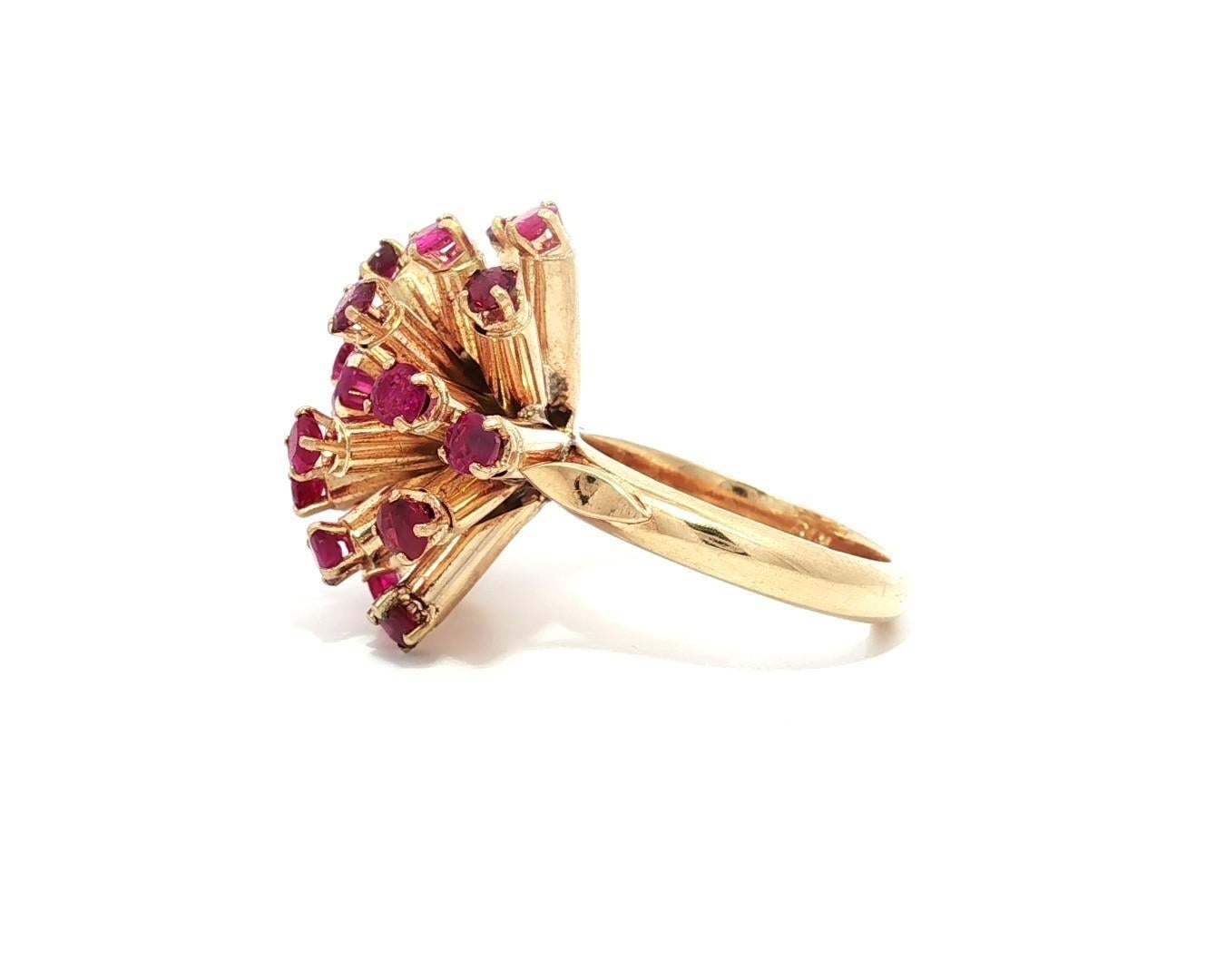 Vintage Retro Solid Yellow Gold Large 2.40ctw Round Ruby Sputnik Domed Ring For Sale 3