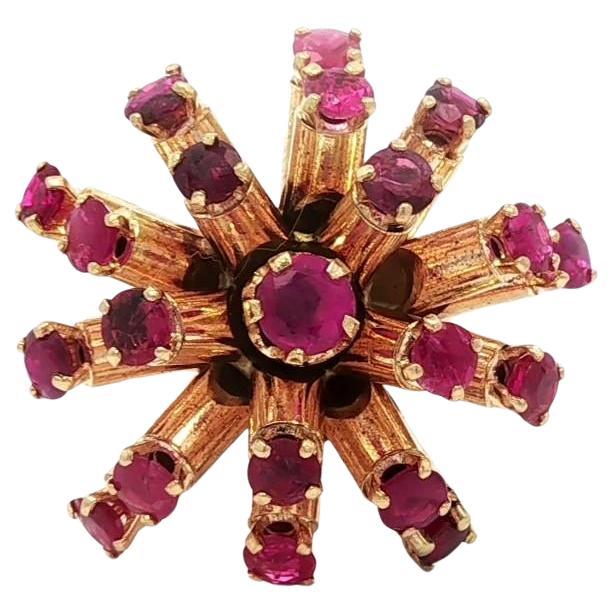 Vintage Retro Solid Yellow Gold Large 2.40ctw Round Ruby Sputnik Domed Ring For Sale