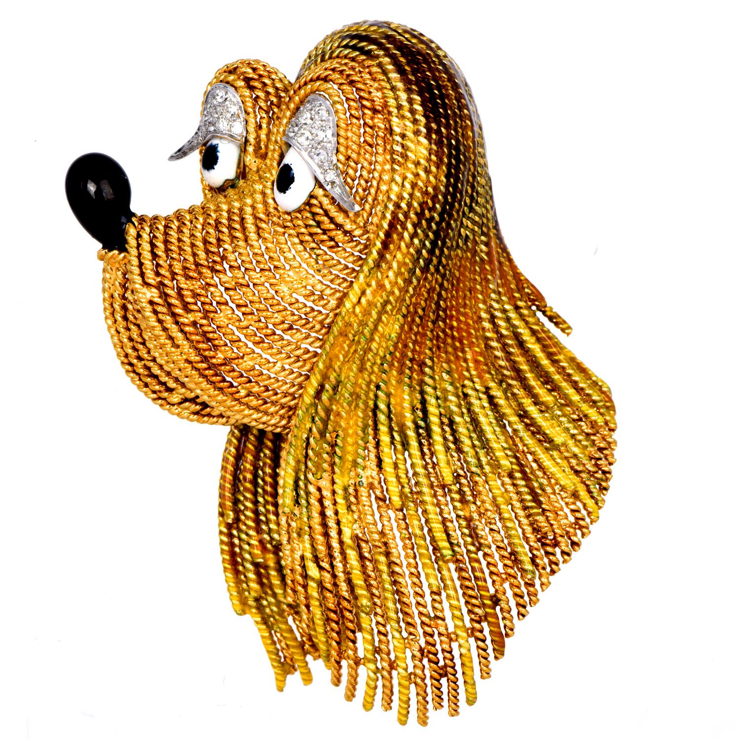 Charming and unique,

St. Bernard Dog-inspired brooch pin with rope-style fur accents, adding emotion with a pair of big enameled eyes & prominent nose.

Crafted in solid 18K Yellow gold, composed of (19) round-cut, prong-set, Diamonds weighing