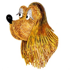 Vintage Retro St Bernard Dog Diamond 18K Yellow Gold Large Pin Brooch