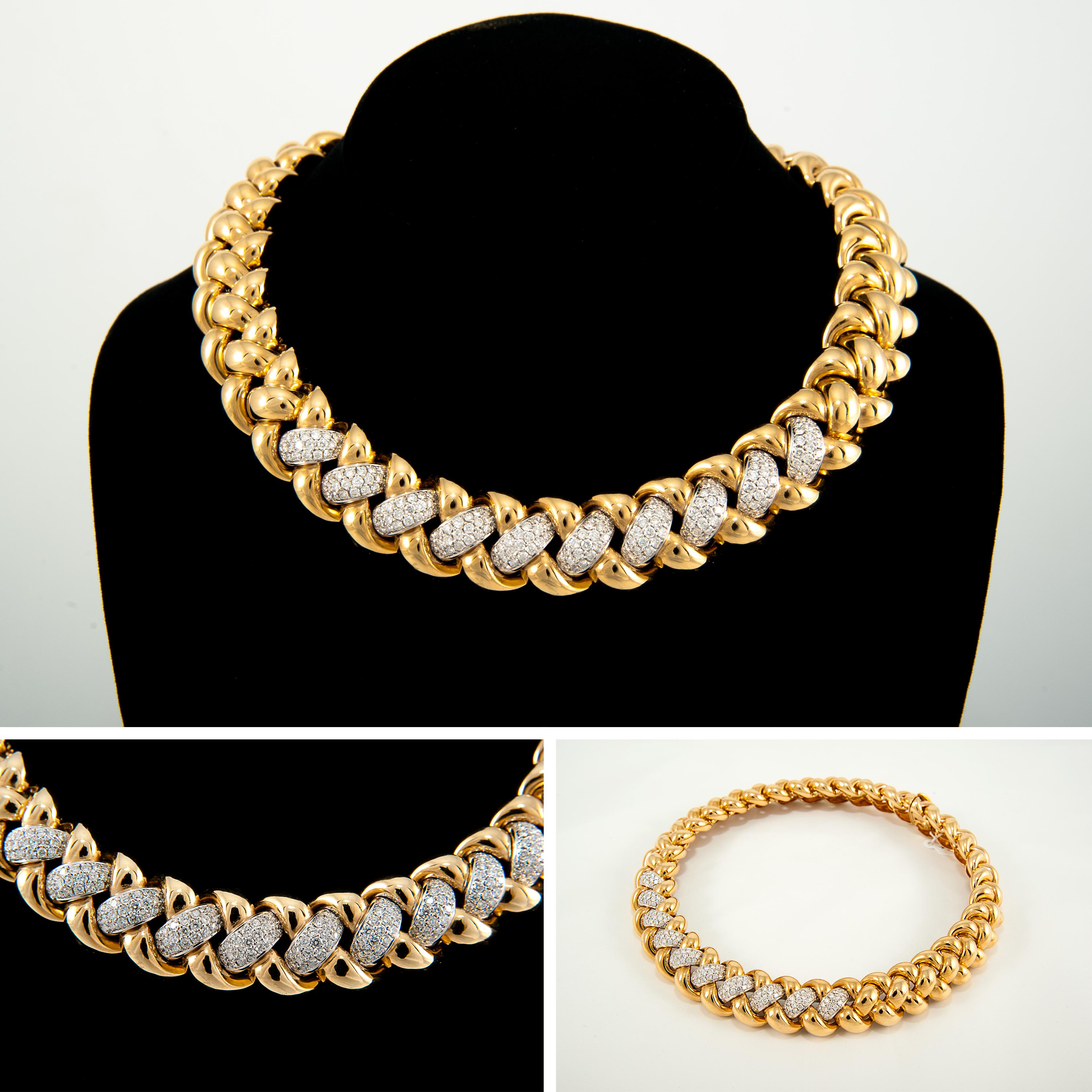 Round Cut Vintage Retro Style 11 Carat Diamond and 18 Karat Yellow Gold Necklace 209.43gr For Sale