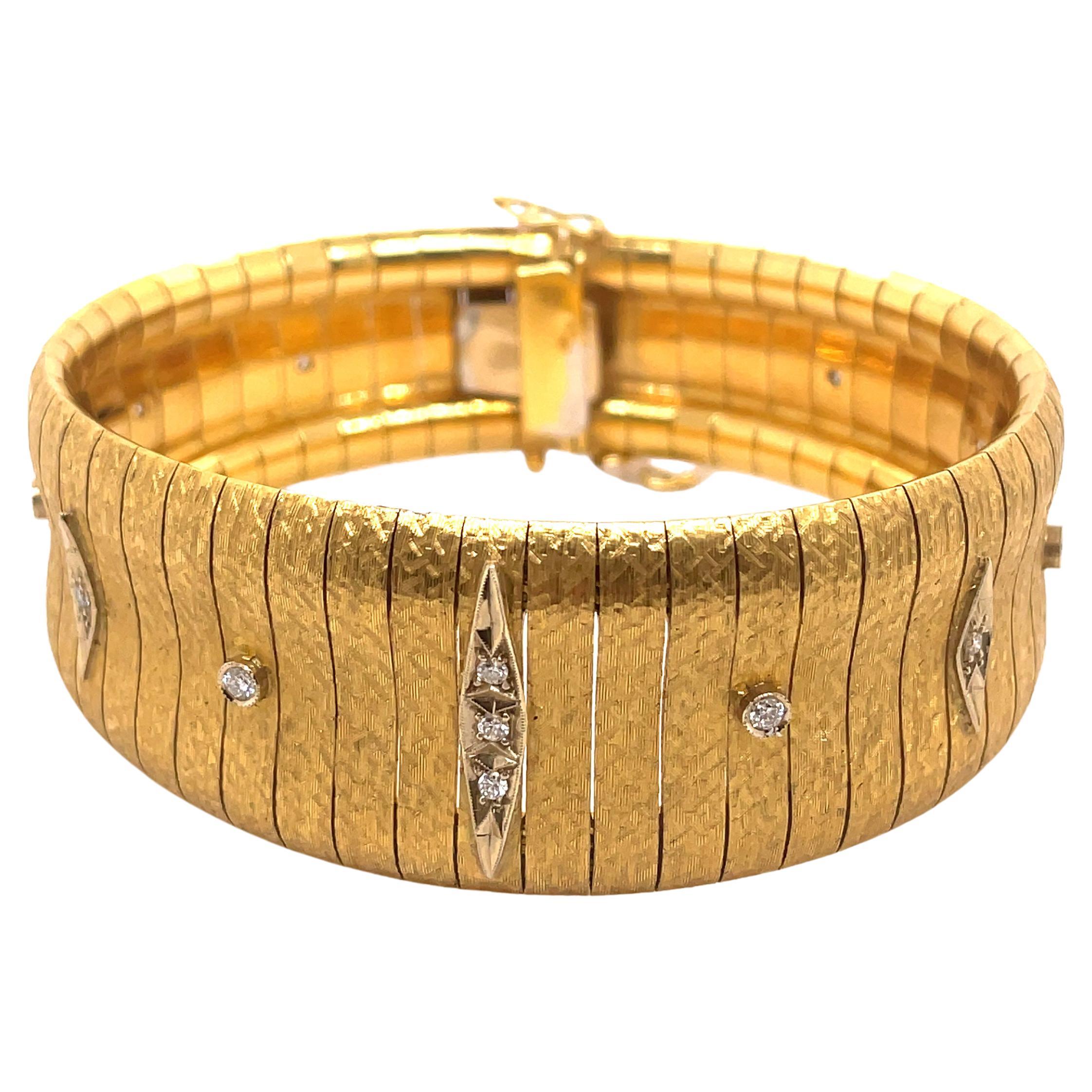Bracelet vintage de style rétro en or jaune 18 carats avec diamants 77,31 grammes