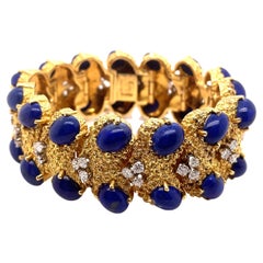 Vintage Retro Style Lapis & Diamond Nugget Bracelet 18k Yellow Gold 126 grams