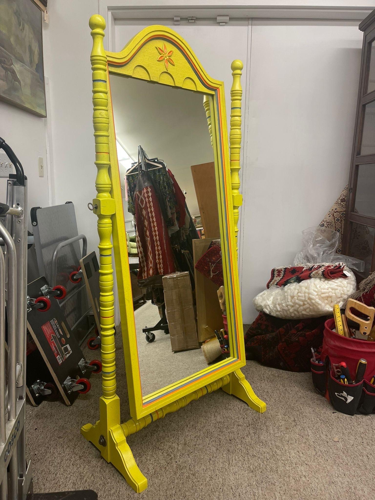 Mid-Century Modern Vintage Retro Style Yellow Floor Mirror Carved Wood For Sale