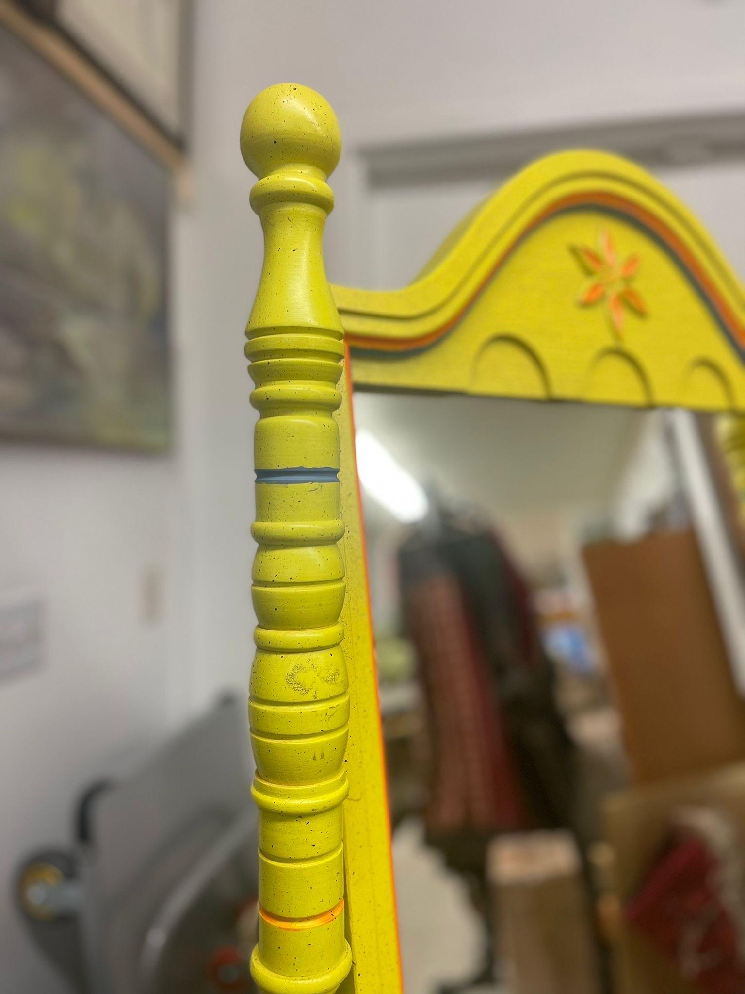 Vintage Retro Style Yellow Floor Mirror Carved Wood In Good Condition For Sale In Seattle, WA