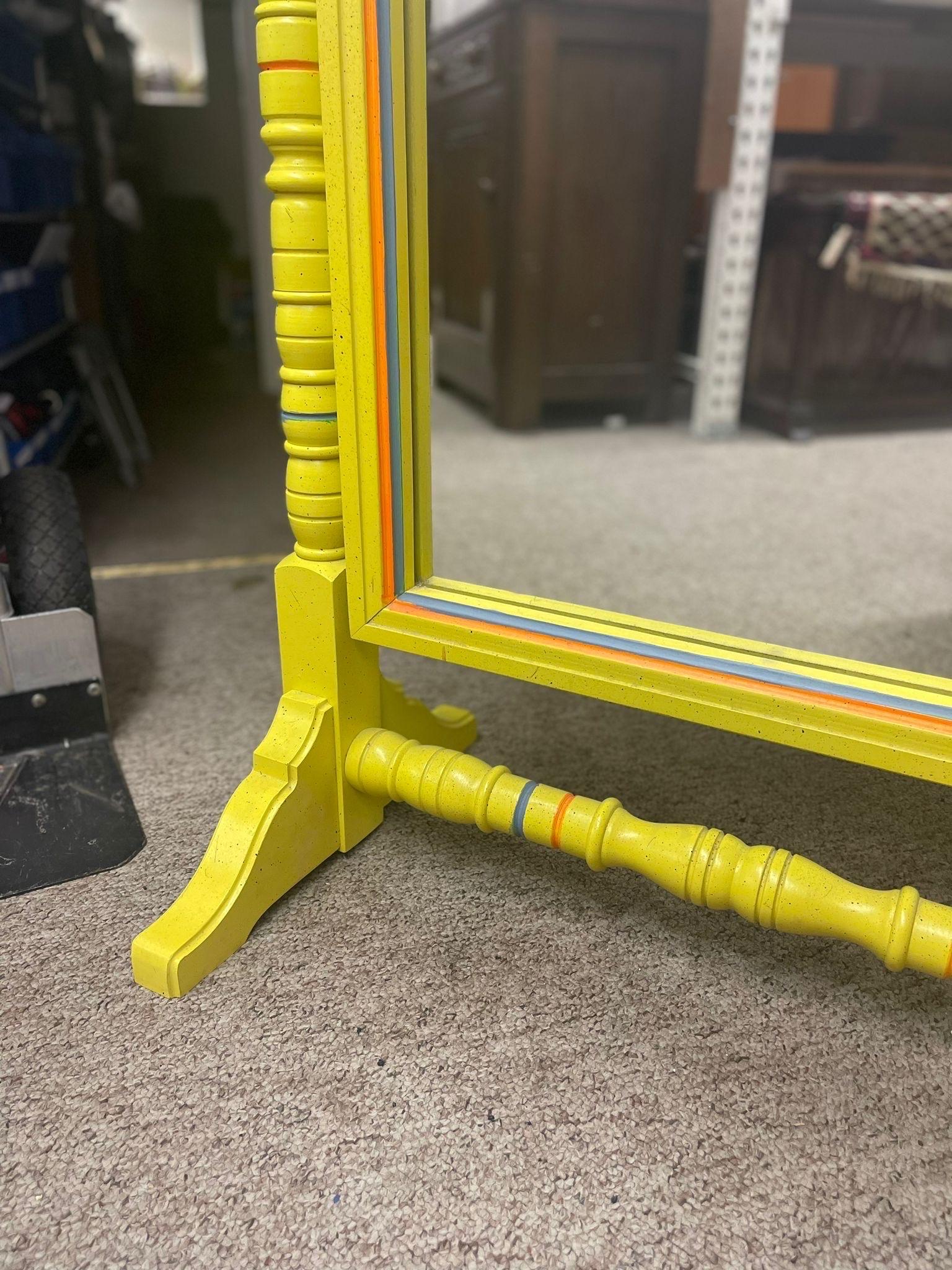 Late 20th Century Vintage Retro Style Yellow Floor Mirror Carved Wood For Sale