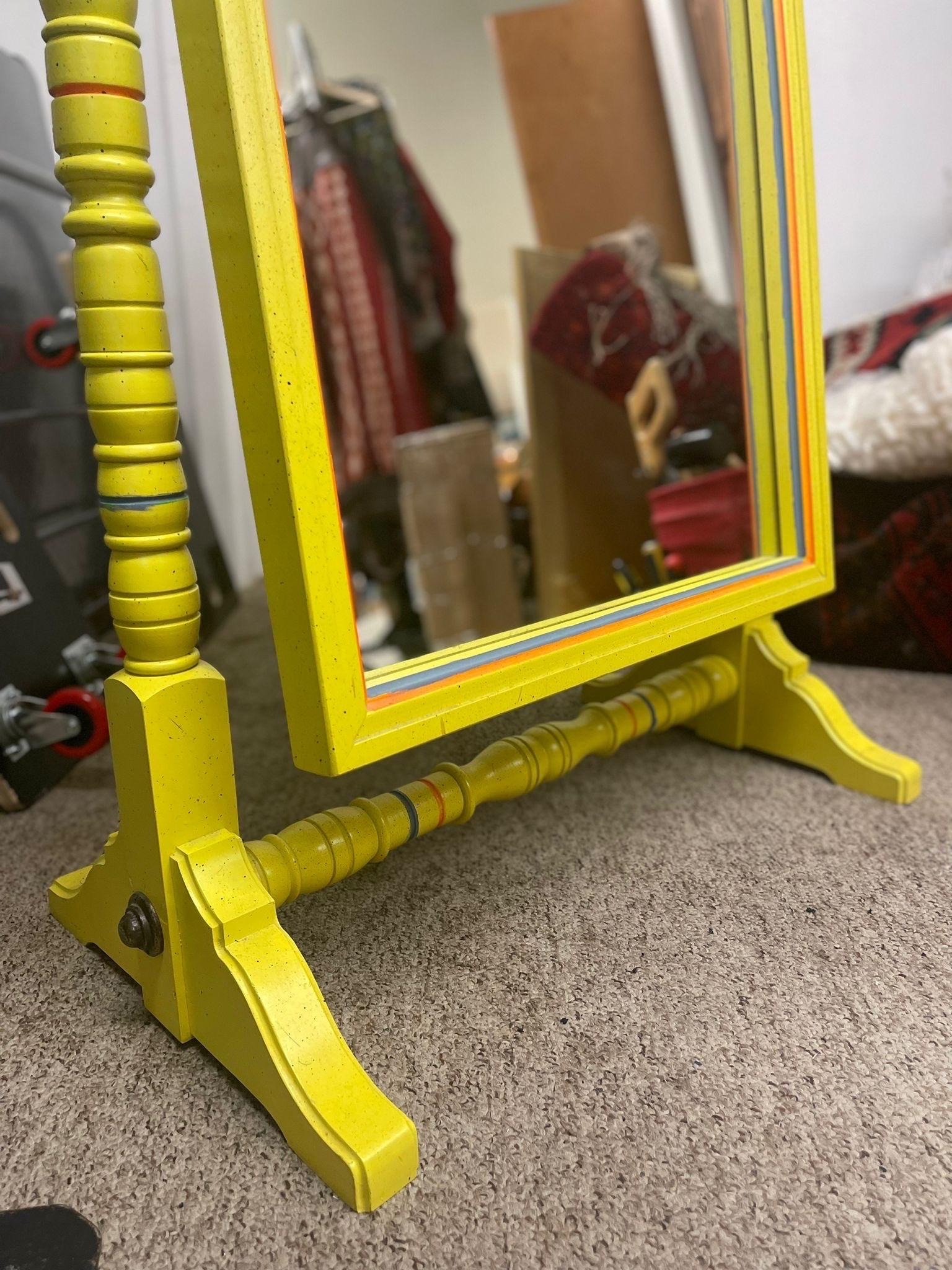 Vintage Retro Style Yellow Floor Mirror Carved Wood For Sale 1