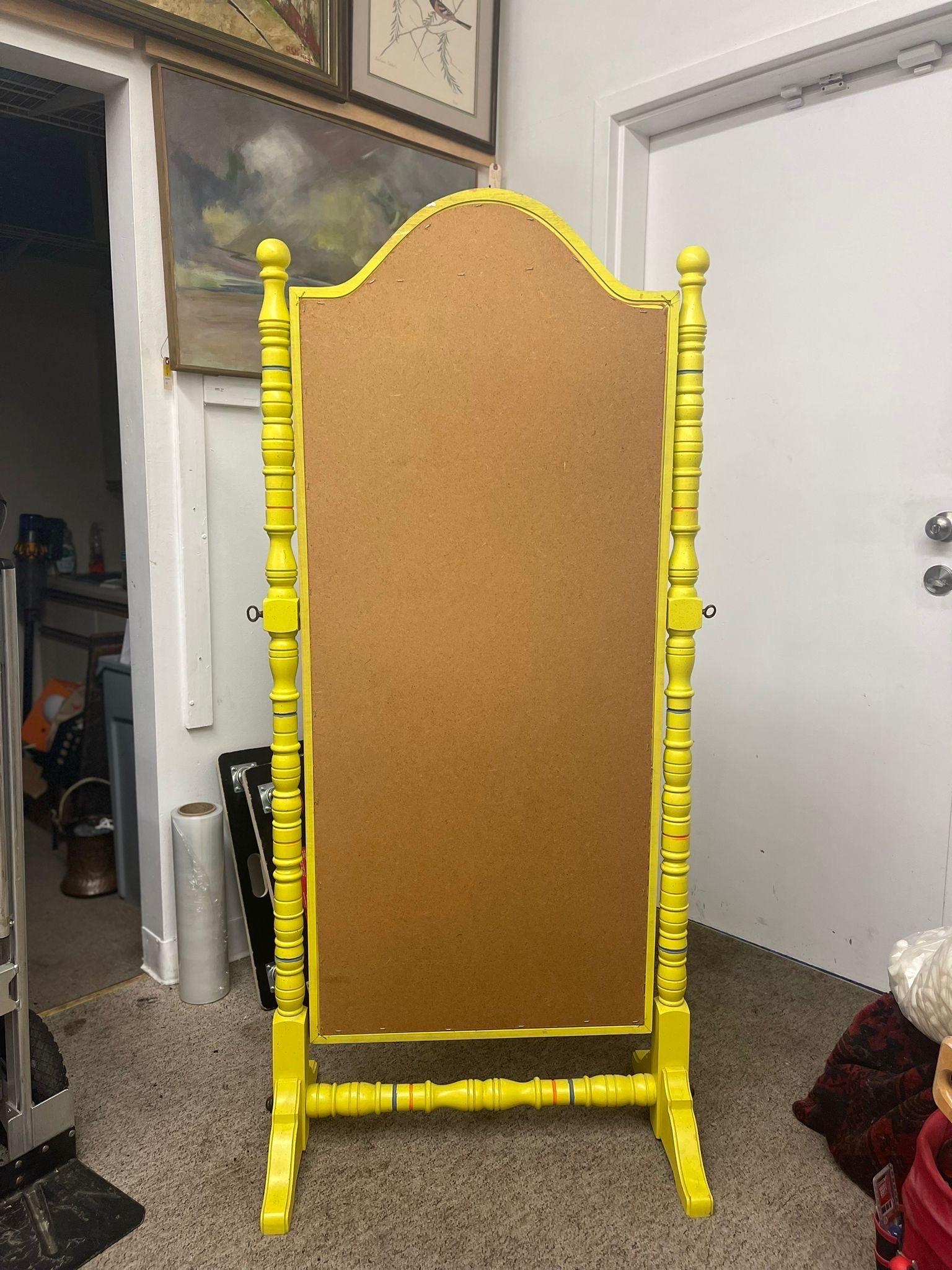 Vintage Retro Style Yellow Floor Mirror Carved Wood For Sale 3