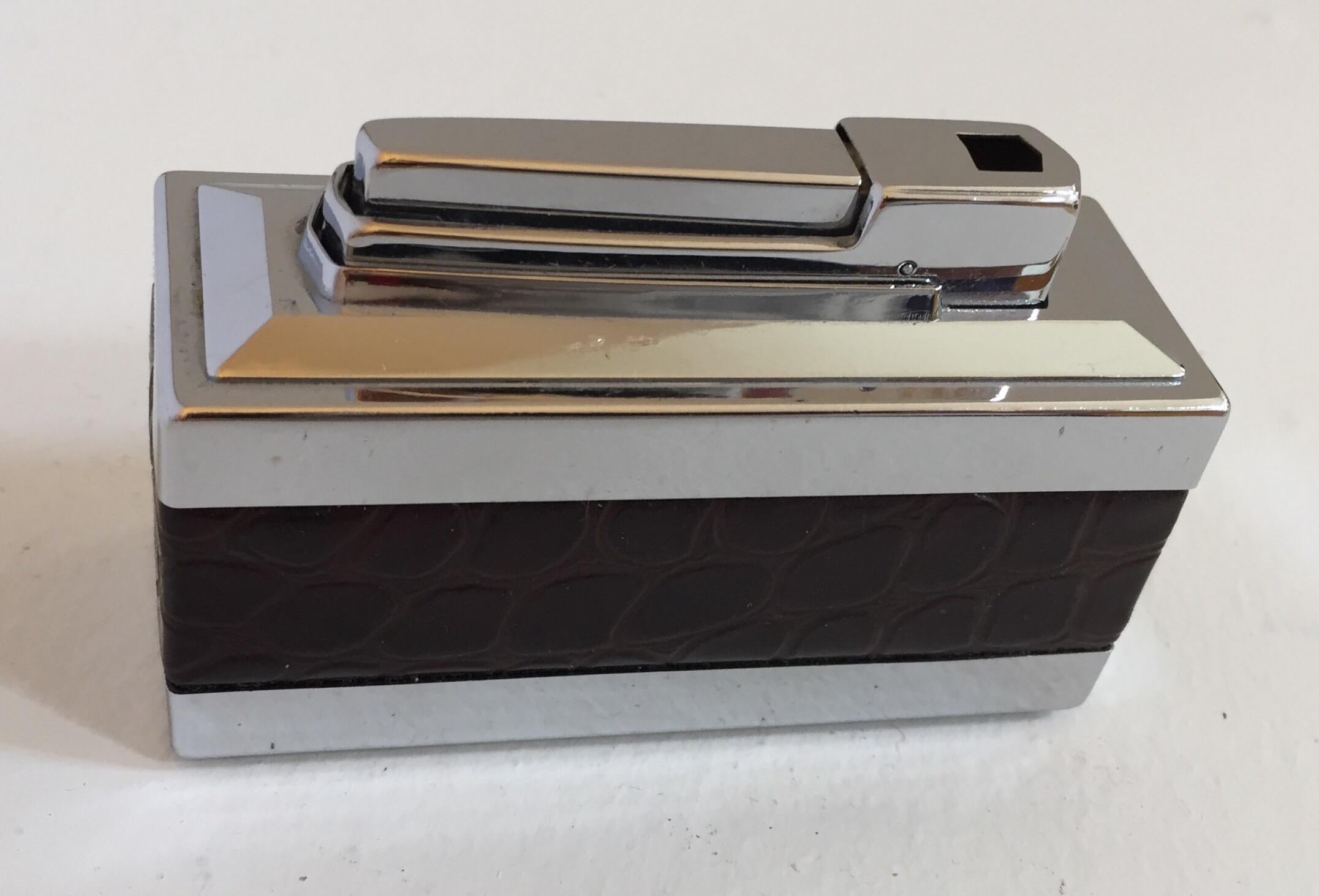 Chrome Vintage Retro Table Lighter West Germany with Brown Crocodile Leather