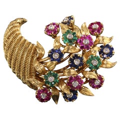 Vintage Retro Tiffany and Co 18K Yellow Gold Cornucopia Sapphire Flower Pin