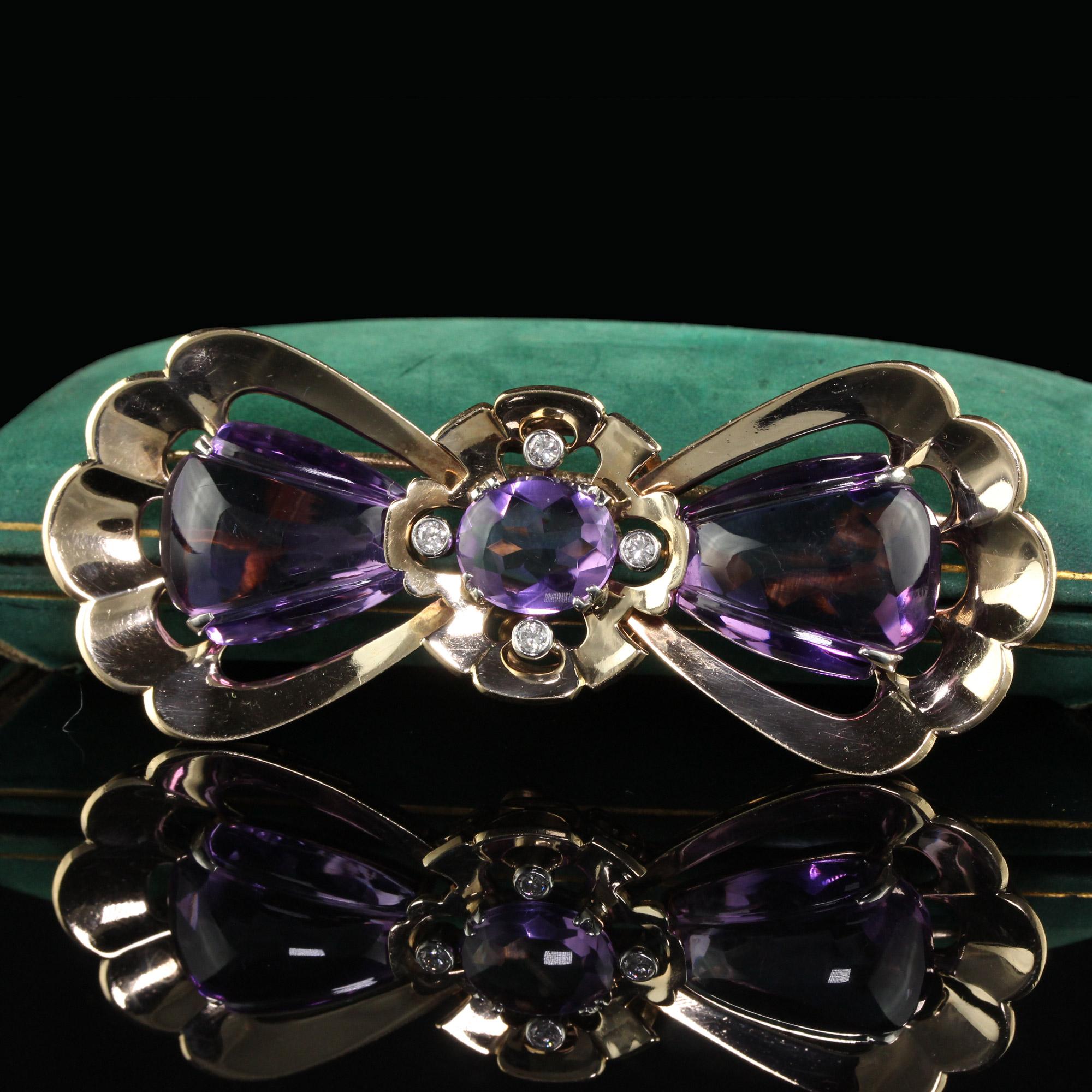Beautiful Vintage Retro Tiffany and Co Carved Amethyst and Diamond Bow Pin Brooch. This incredible Tiffany and Co pin brooch is crafted in 14k yellow gold. The top of the pin has gorgeous carved purple amethyst set into it. There are diamonds set