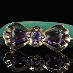 Vintage Retro Tiffany and Co Carved Amethyst and Diamond Bow Pin Brooch