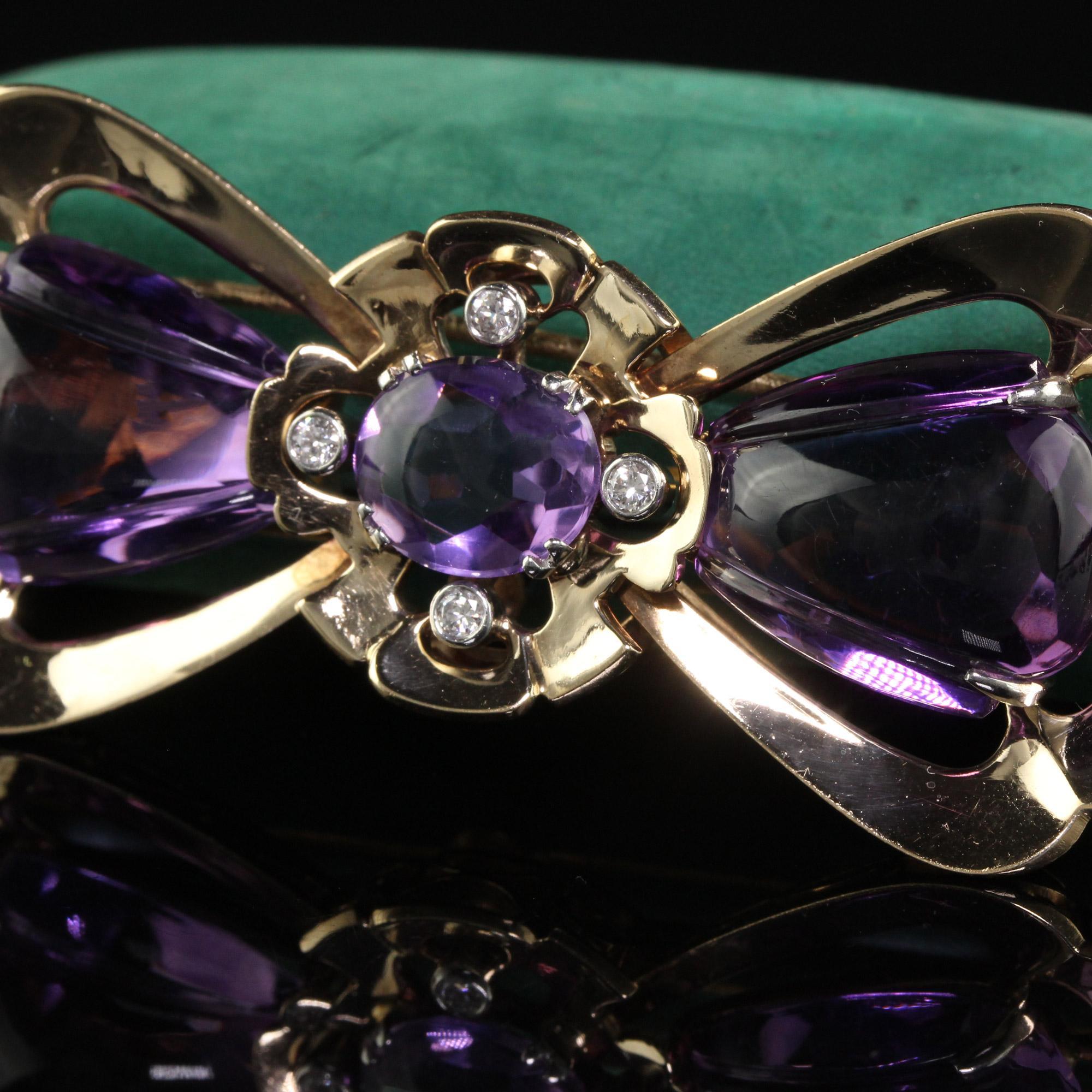 Vintage Retro Tiffany and Co Carved Amethyst and Diamond Bow Pin Brooch In Good Condition For Sale In Great Neck, NY