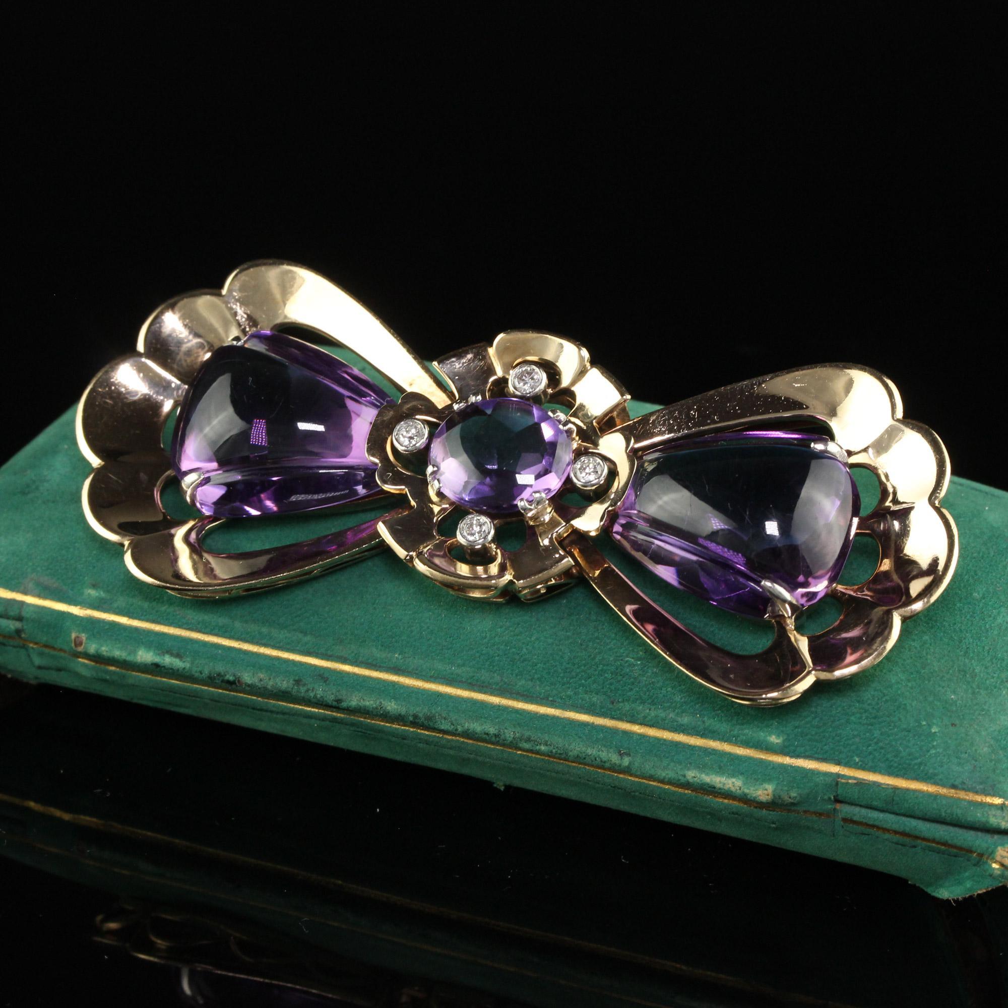 Women's Vintage Retro Tiffany and Co Carved Amethyst and Diamond Bow Pin Brooch For Sale