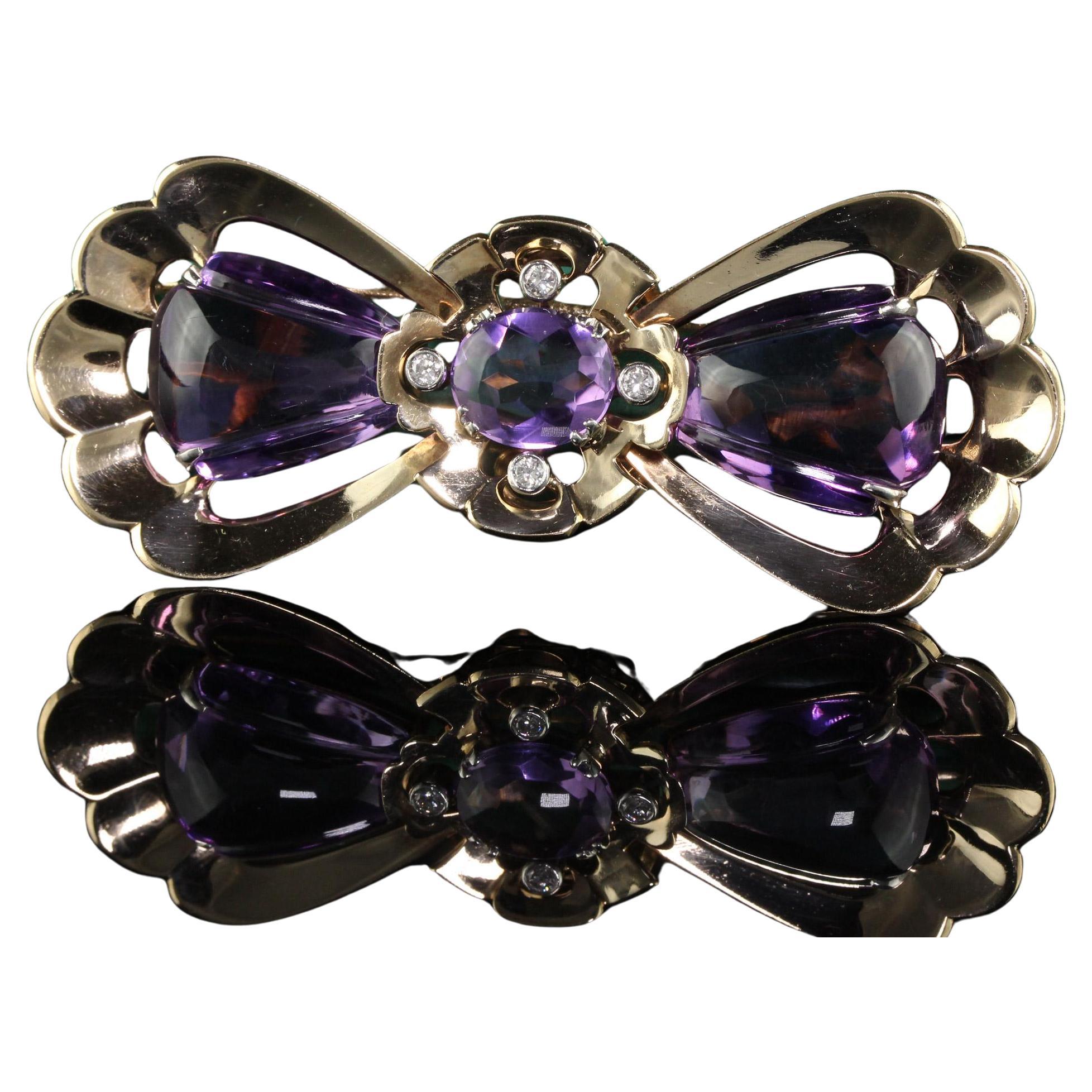 Vintage Retro Tiffany and Co Carved Amethyst and Diamond Bow Pin Brooch