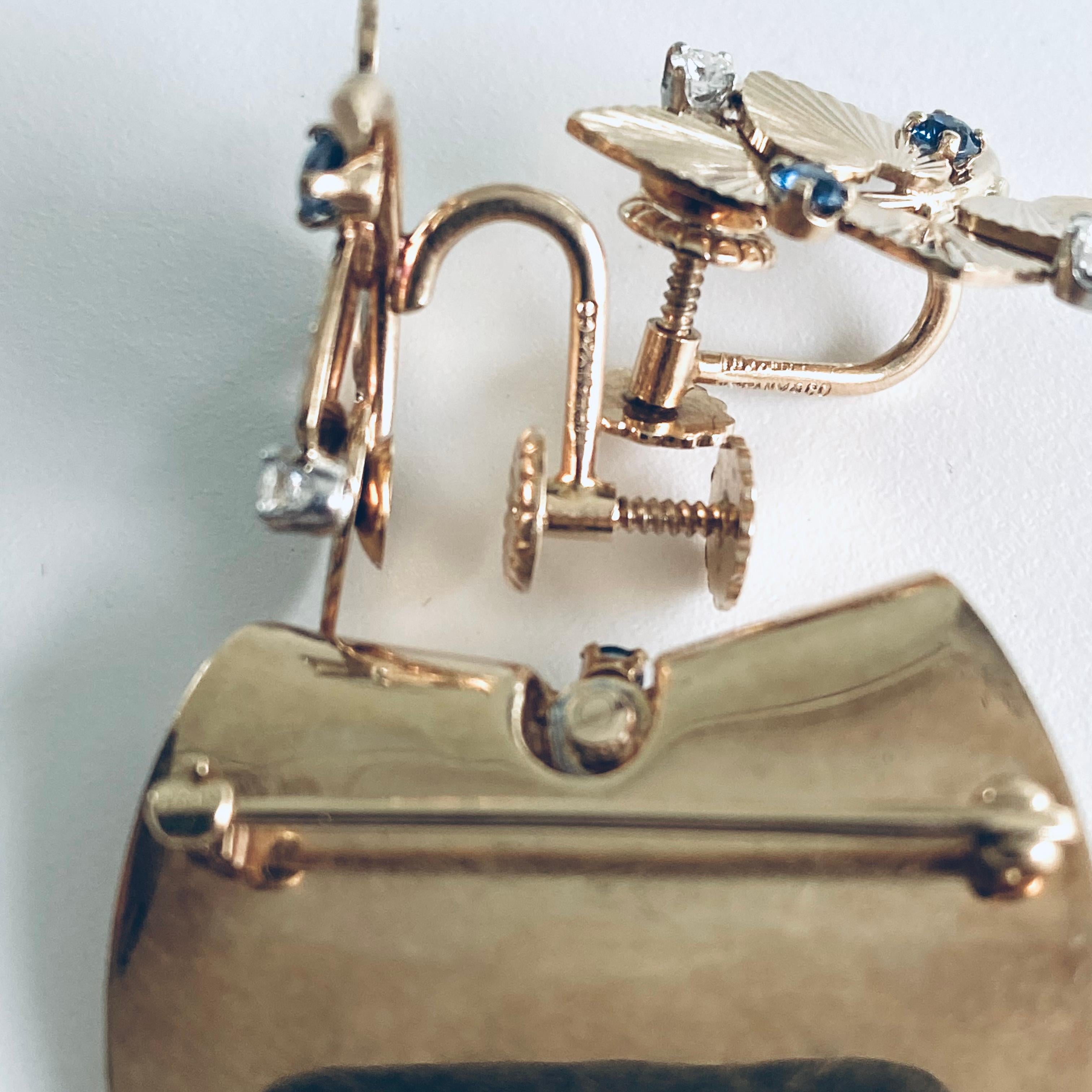 Tiffany Co Retro Diamond Sapphire Floral Yellow Gold Earrings Pendant Brooch Set 3