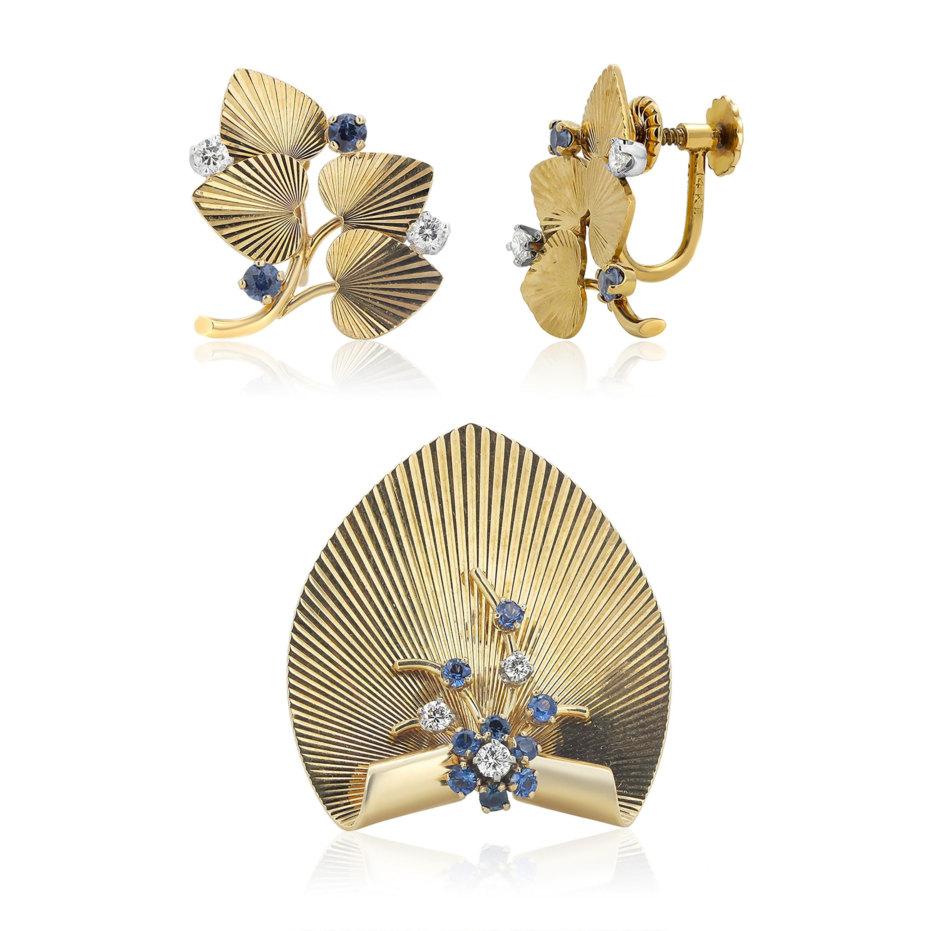 Round Cut Tiffany Co Retro Diamond Sapphire Floral Yellow Gold Earrings Pendant Brooch Set