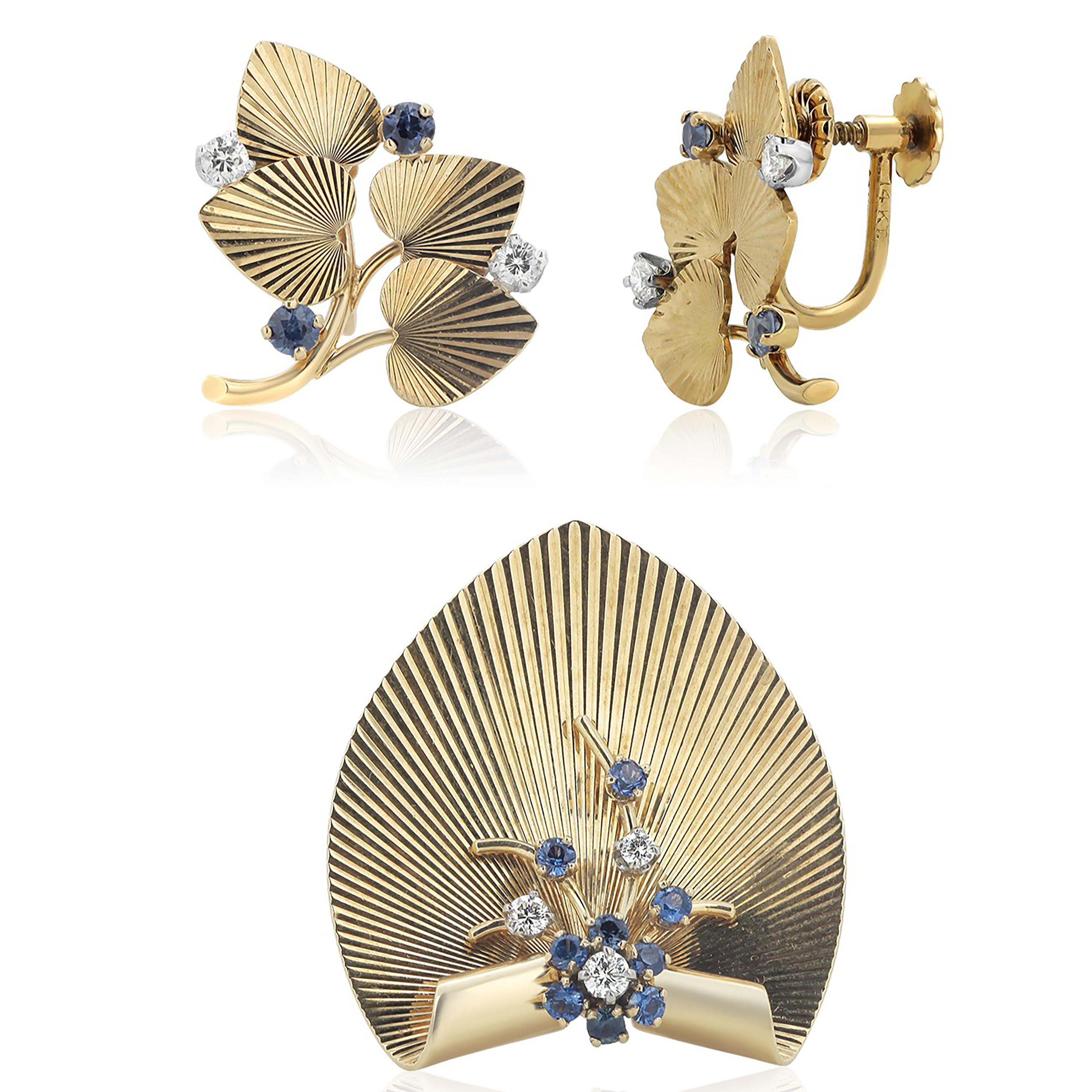 Tiffany Co Retro Diamond Sapphire Floral Yellow Gold Earrings Pendant Brooch Set 2