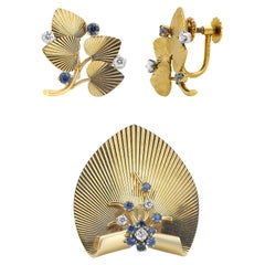 Vintage Retro Tiffany and Co Diamond Sapphire Gold Earrings Pendant Brooch Set