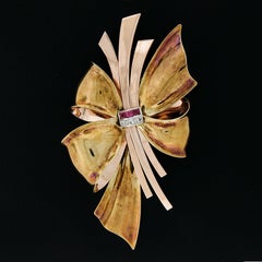 Vintage Retro Tiffany & Co. 14k Gold Ruby & Diamond Bow Ribbon Pin Brooch