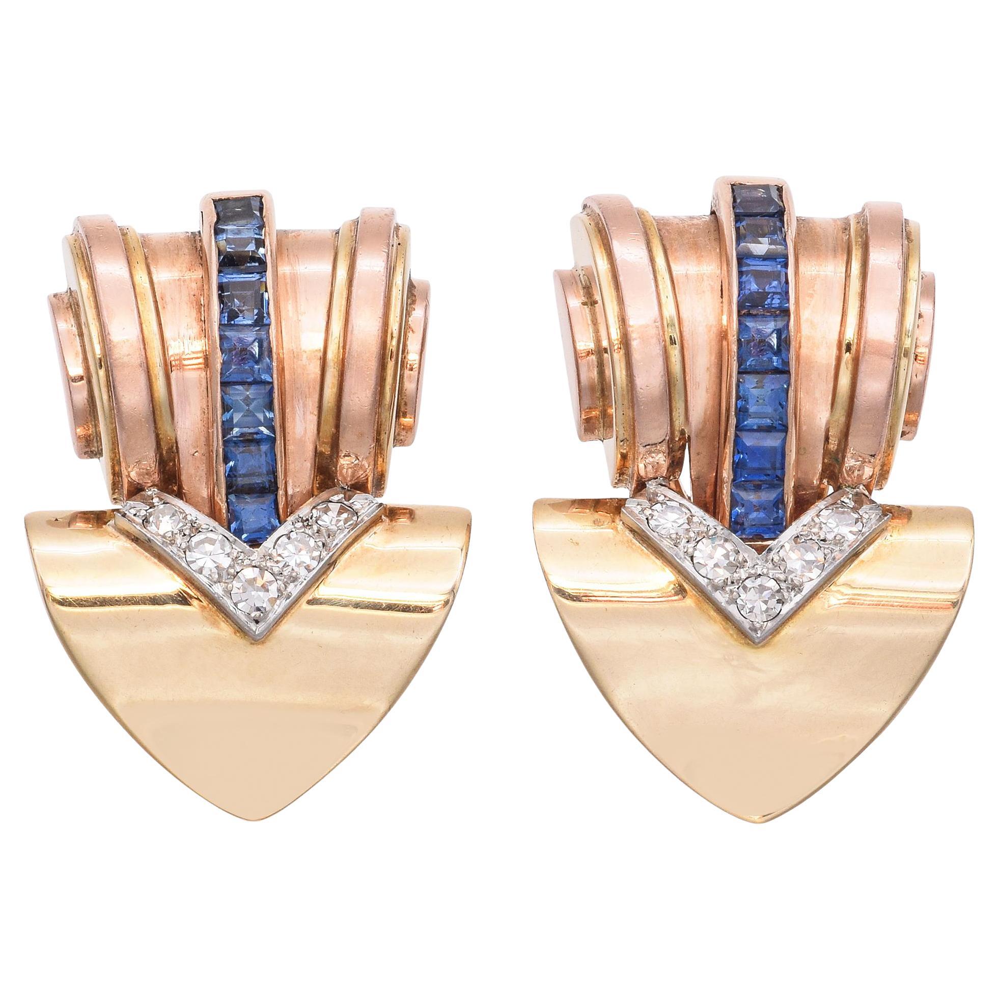 Vintage Retro Tiffany & Co 14k Gold Tri-Tone Diamond and Sapphire Earrings