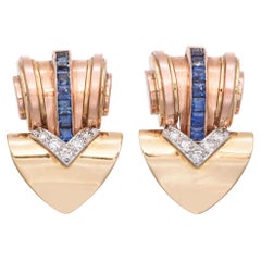 Vintage Retro Tiffany & Co 14k Gold Tri-Tone Diamond and Sapphire Earrings
