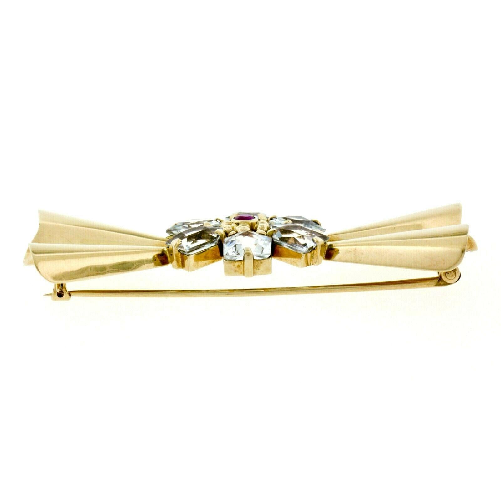 Round Cut Vintage Retro Tiffany & Co. 14K Rose Gold Aquamarine & Ruby Ribbon Bow Brooch