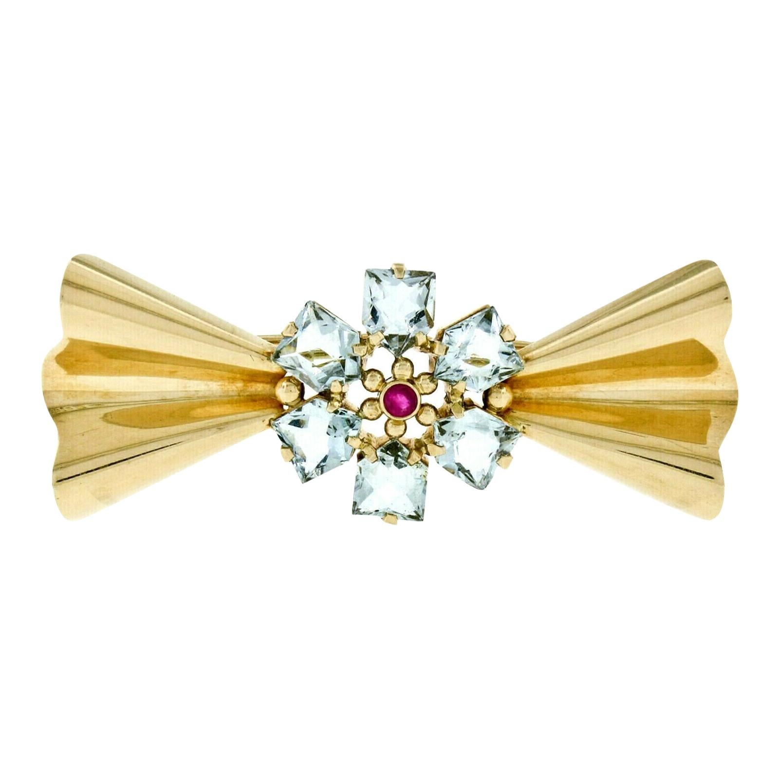 Vintage Retro Tiffany & Co. 14K Rose Gold Aquamarine & Ruby Ribbon Bow Brooch