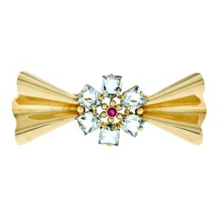 Vintage Retro Tiffany & Co. 14K Rose Gold Aquamarine & Ruby Ribbon Bow Brooch