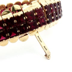 Vintage Retro Tiffany & Co. Solid Gold Red Garnet 2 Row Flared Edges Bracelet