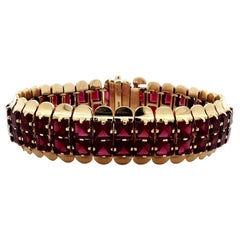Vintage Retro Tiffany & Co. Bracelet en or massif, grenat rouge, 2 rangs, bords évasés