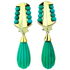 Vintage/ Retro Turquoise Drop/Dangle Clip-On Earrings in Yellow Gold