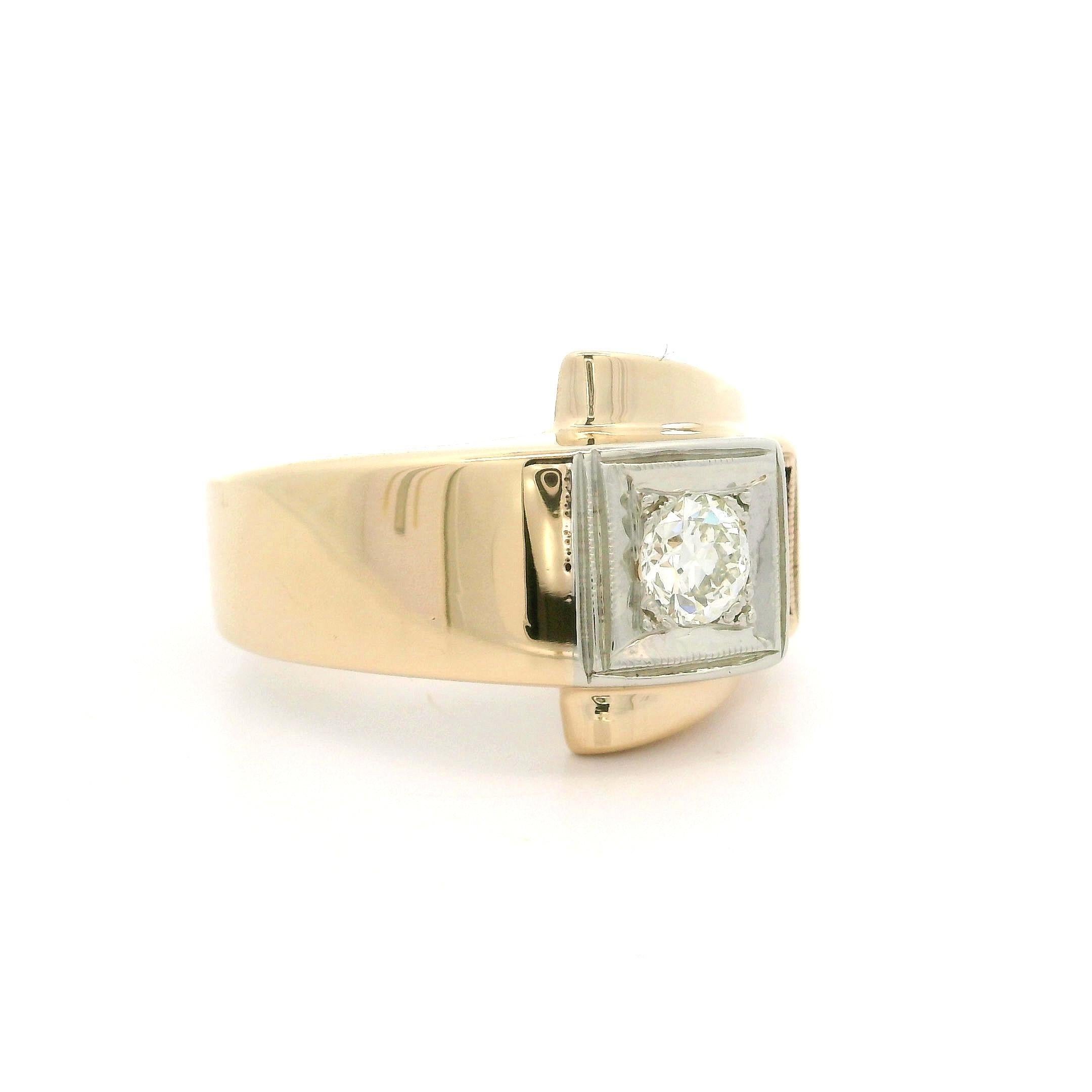 Vintage Retro-Ring, zweifarbiges Gold 0,28 Karat Diamant & roter Stein, polierte Schnalle, Vintage (Alteuropäischer Schliff) im Angebot