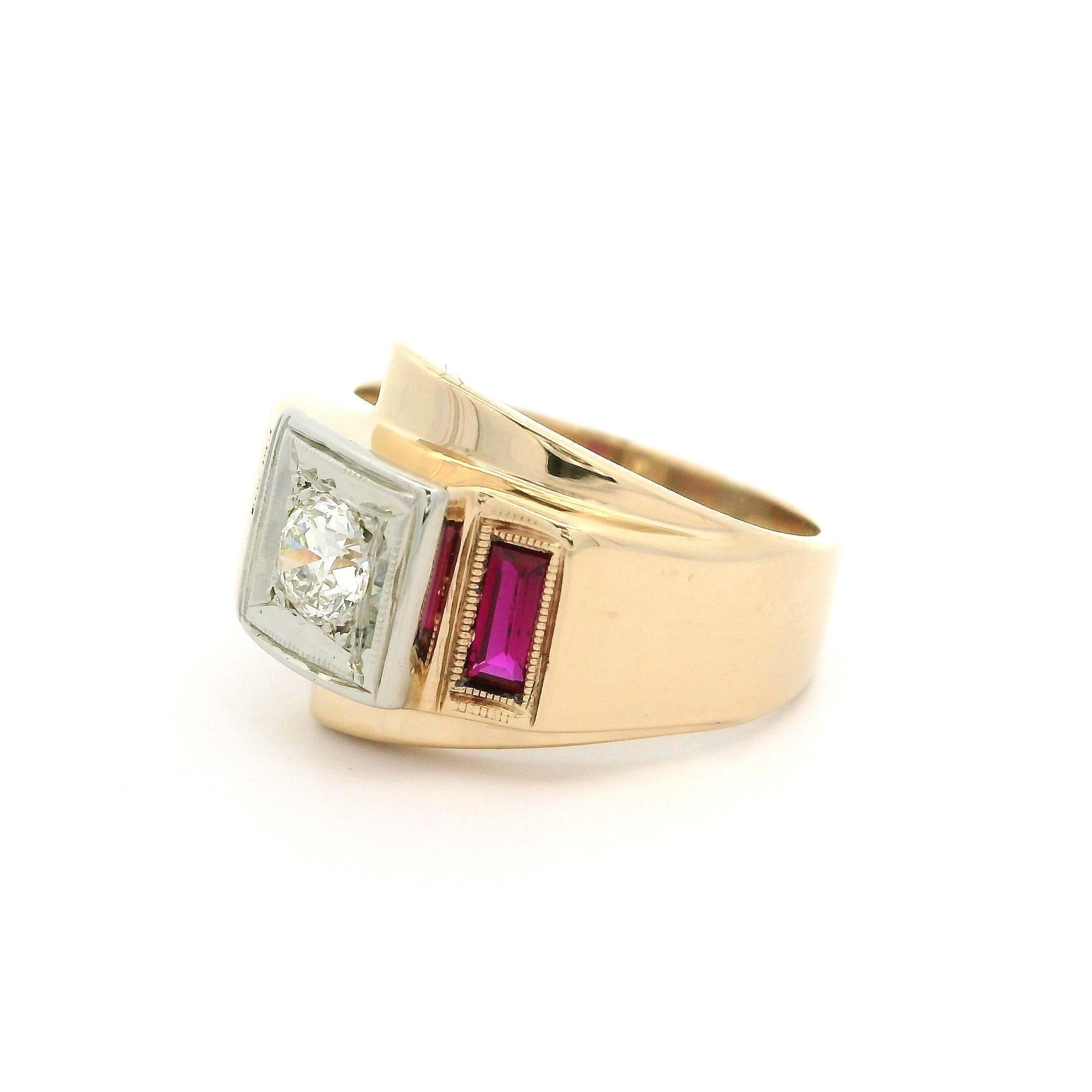 Vintage Retro-Ring, zweifarbiges Gold 0,28 Karat Diamant & roter Stein, polierte Schnalle, Vintage im Zustand „Hervorragend“ im Angebot in Montclair, NJ