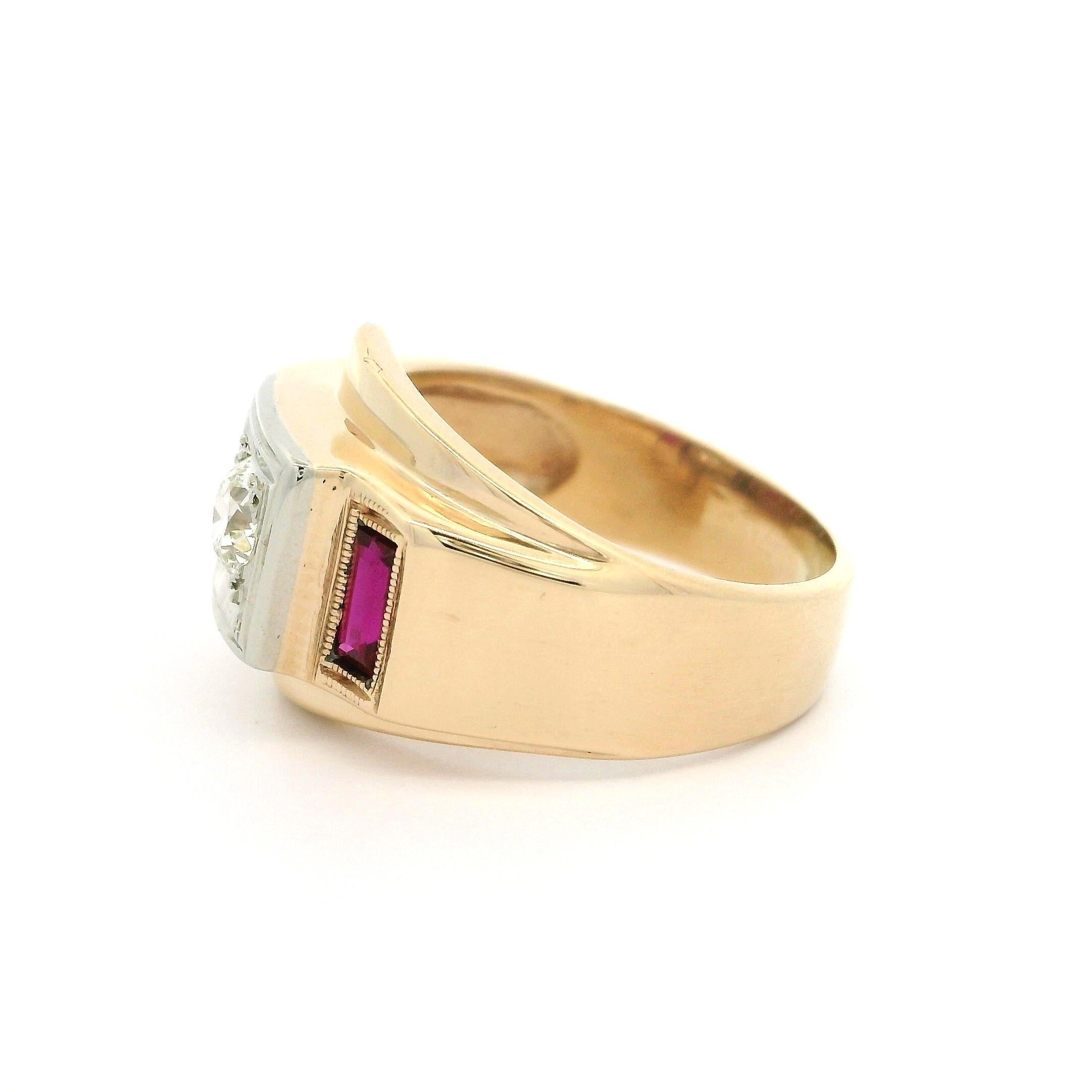 Vintage Retro-Ring, zweifarbiges Gold 0,28 Karat Diamant & roter Stein, polierte Schnalle, Vintage Damen im Angebot