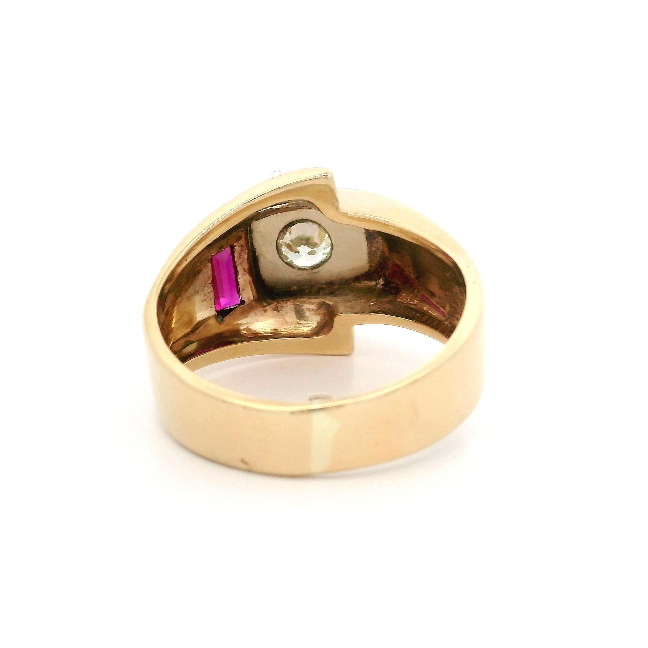 Vintage Retro-Ring, zweifarbiges Gold 0,28 Karat Diamant & roter Stein, polierte Schnalle, Vintage im Angebot 2