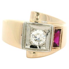 Vintage Retro Two Tone Gold 0.28ct Diamond & Red Stone Polished Buckle Ring