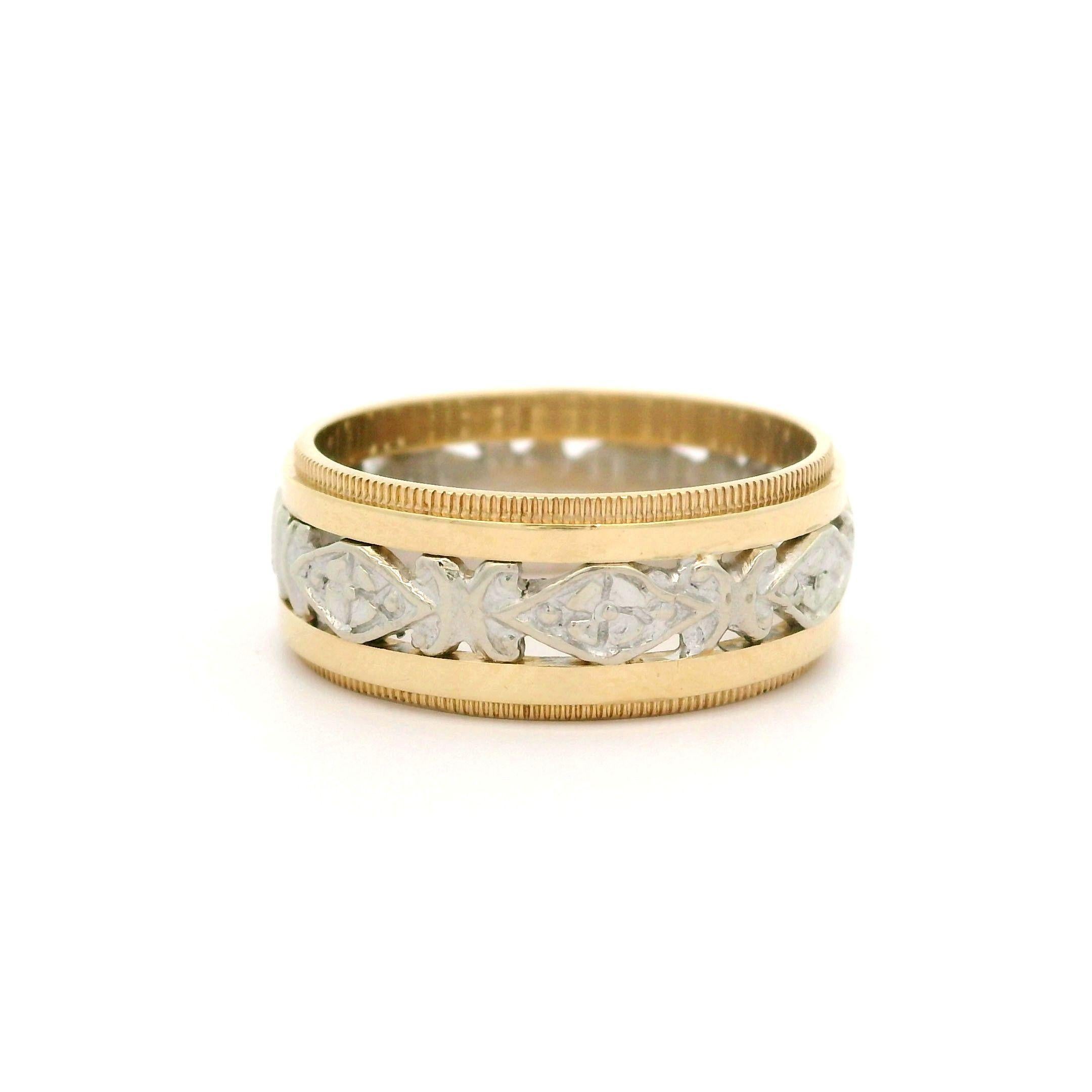 Material: Solid 14k Yellow & White Gold
Weight:  3.79 Grams
Ring Size: 5.5 ( fitted on finger, item can not be sized)
Ring Width: 7mm (0.27