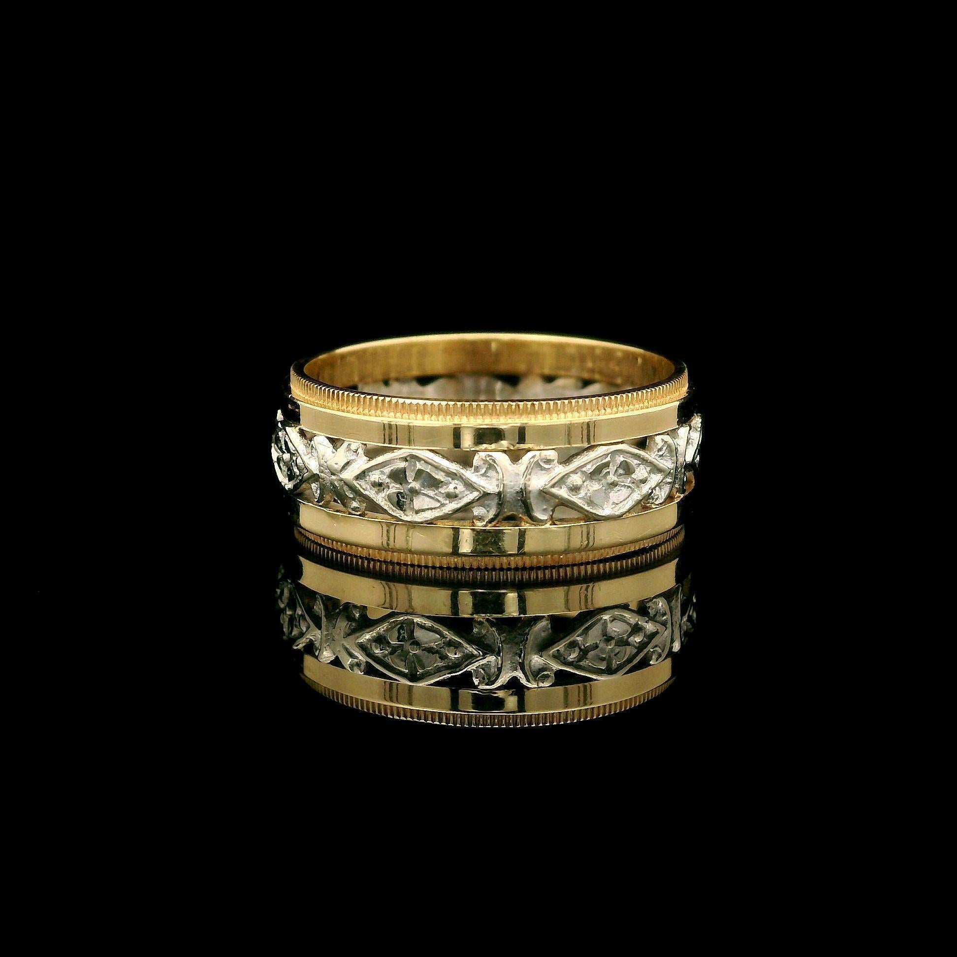 Women's Vintage Retro Two Tone Gold 7mm Open Work Center w/ Milgrain Edged Band Ring For Sale
