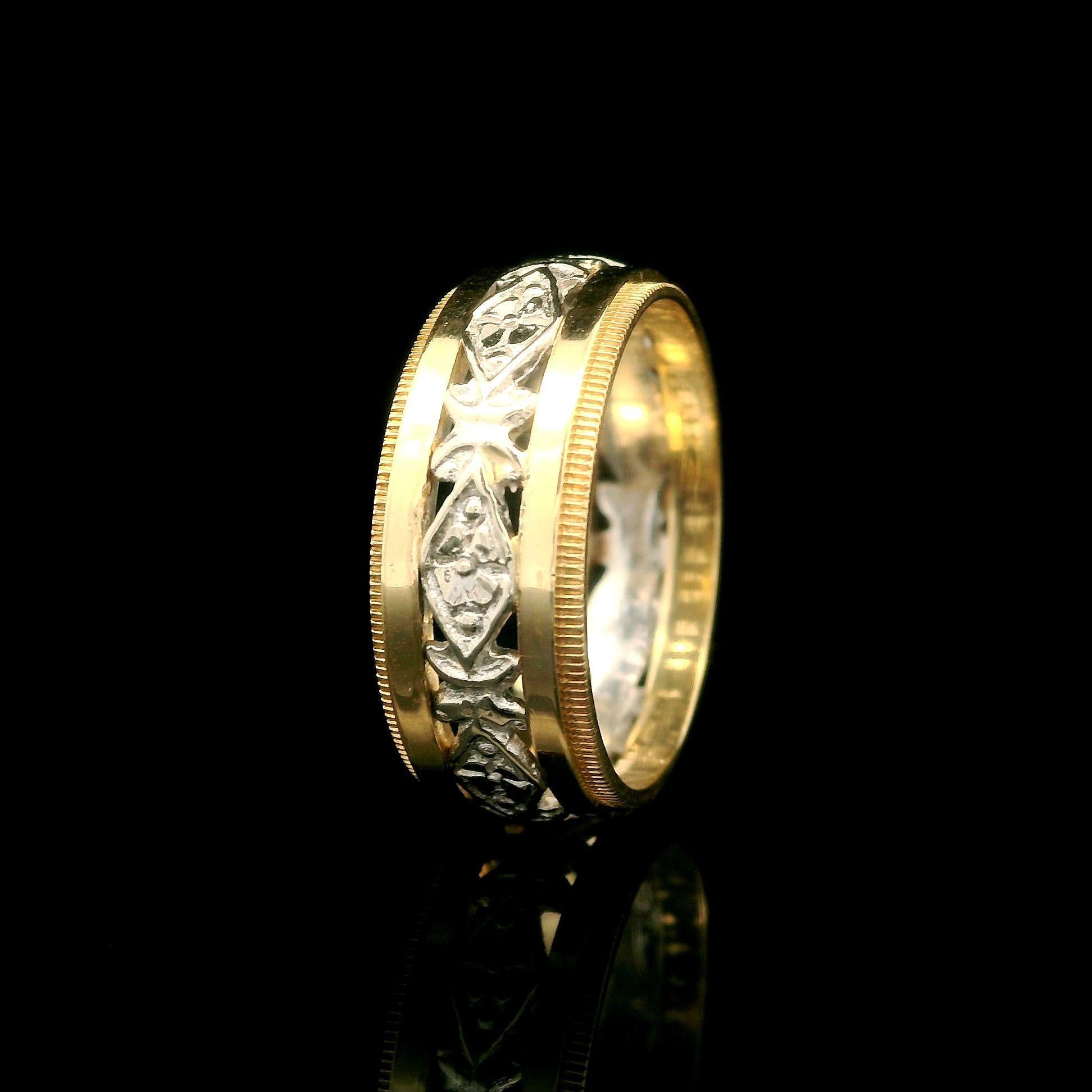 Vintage Retro Two Tone Gold 7mm Open Work Center w/ Milgrain Edged Band Ring For Sale 1