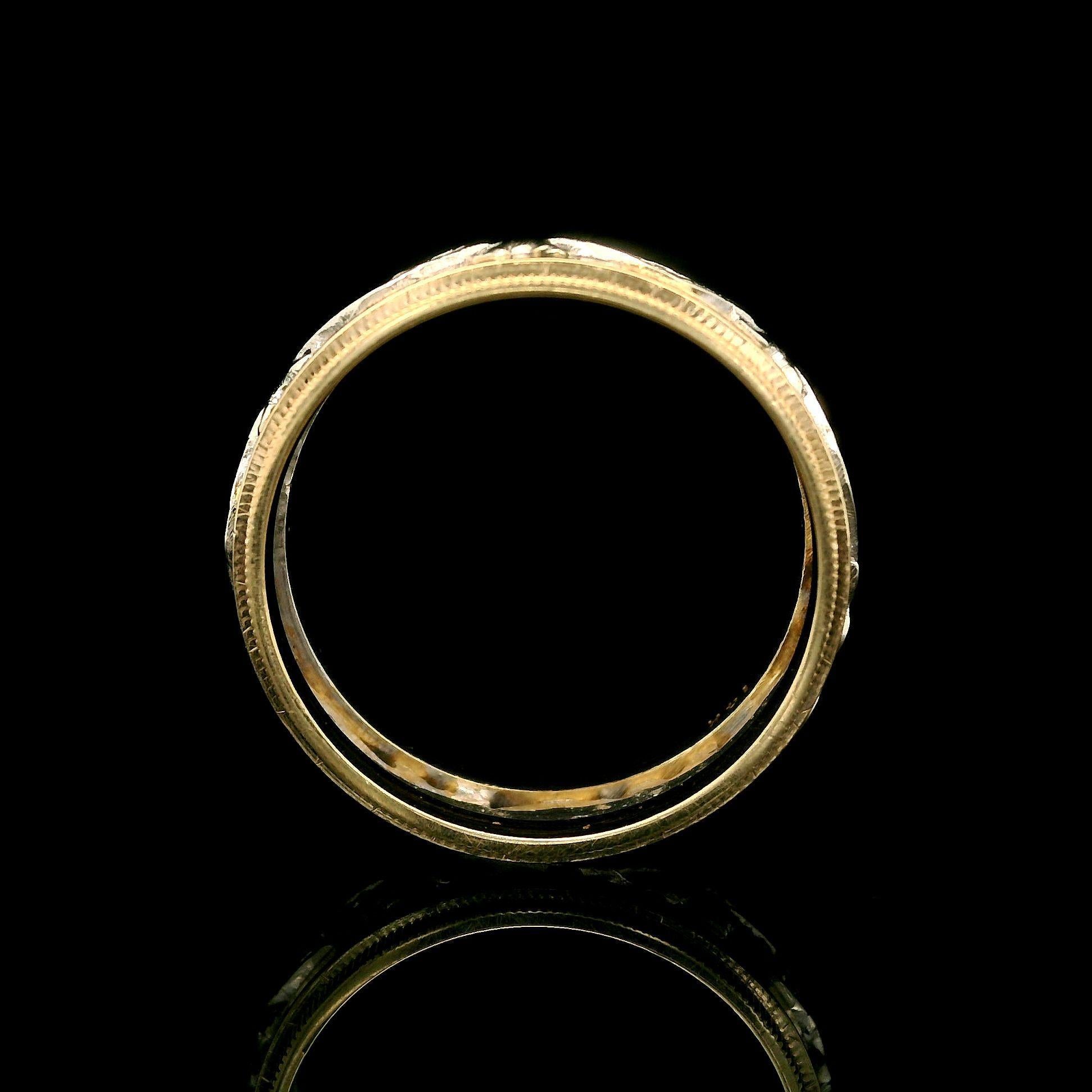 Vintage Retro Two Tone Gold 7mm Open Work Center w/ Milgrain Edged Band Ring For Sale 2