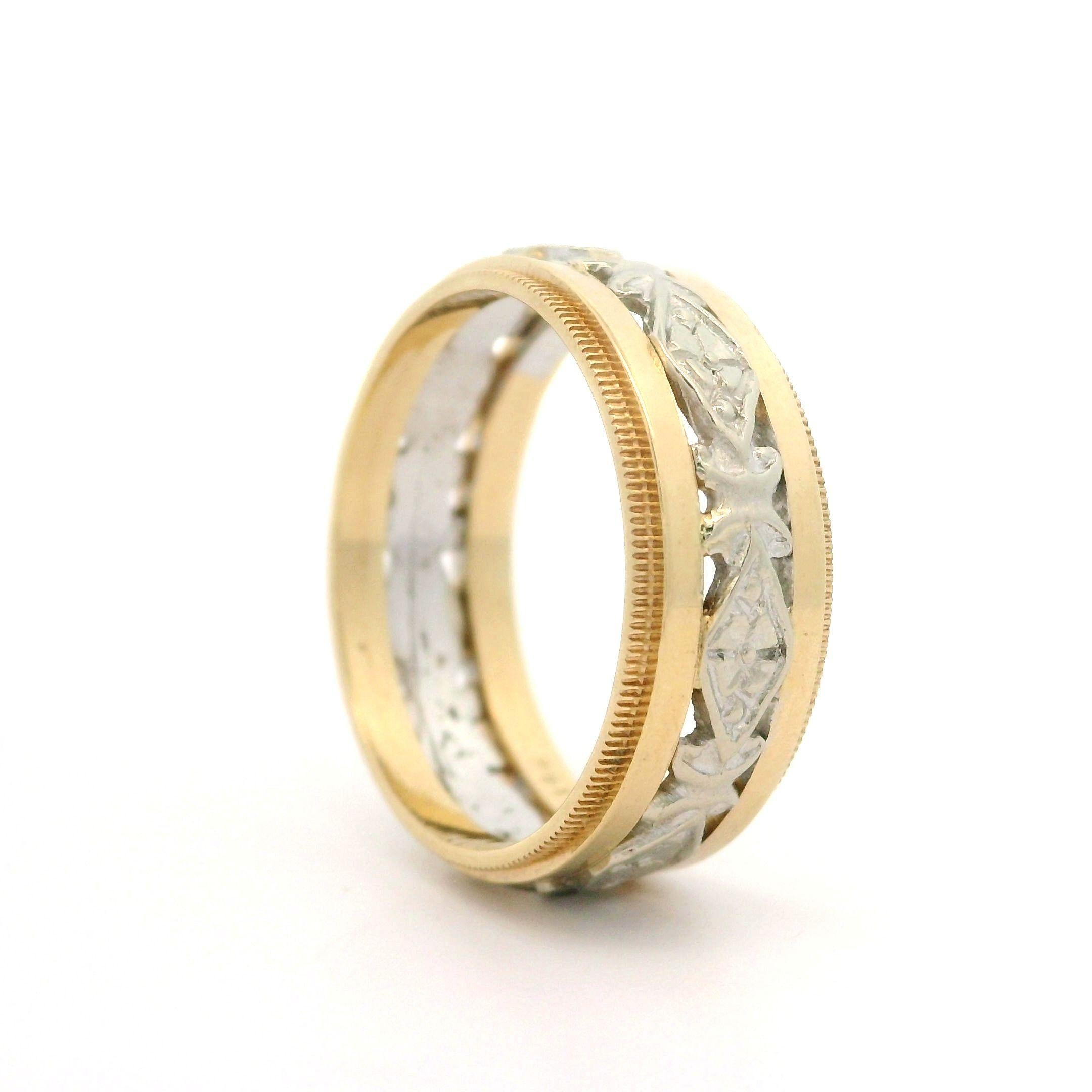 Vintage Retro Two Tone Gold 7mm Open Work Center w/ Milgrain Edged Band Ring For Sale 3