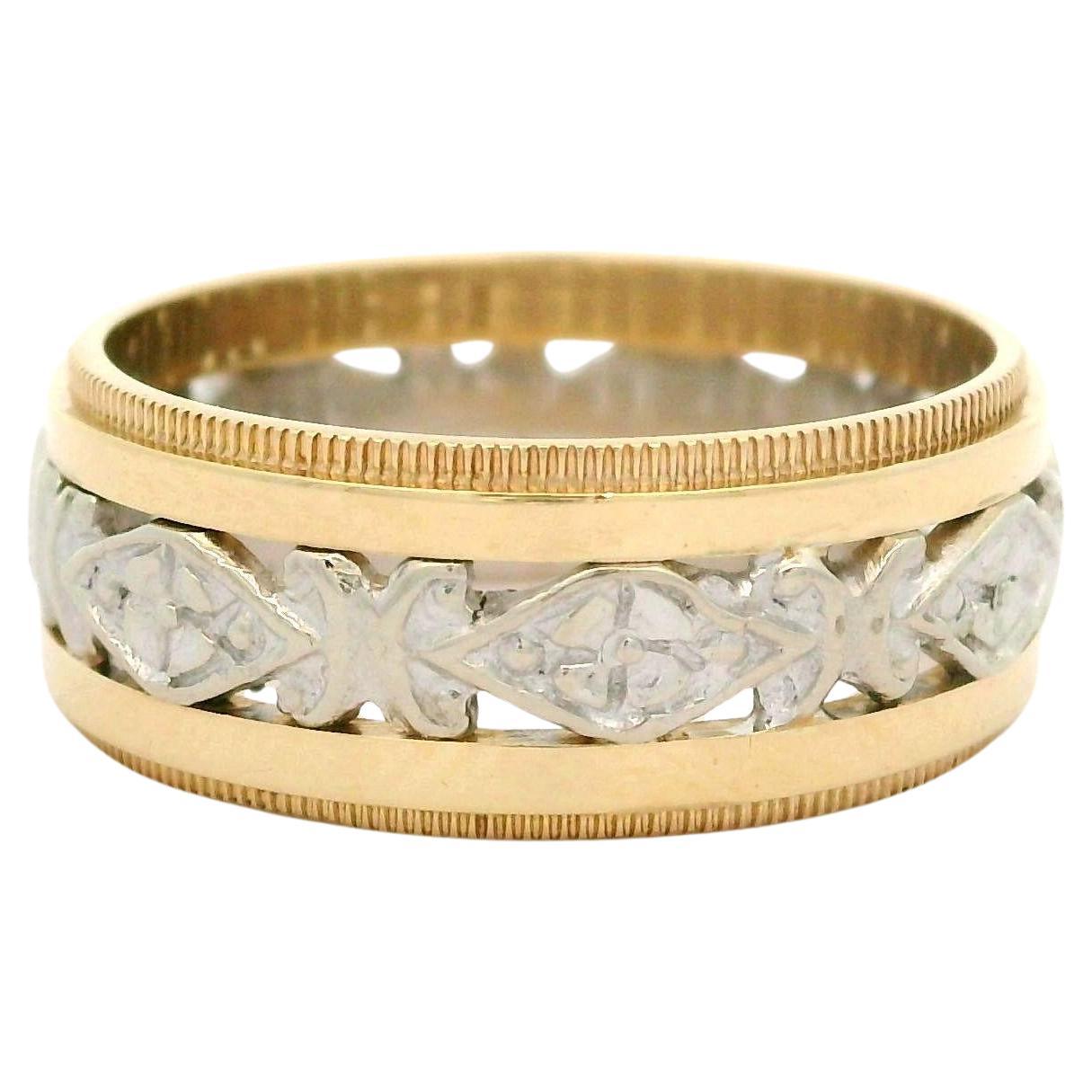 Vintage Retro Two Tone Gold 7mm Open Work Center w/ Milgrain Edged Band Ring