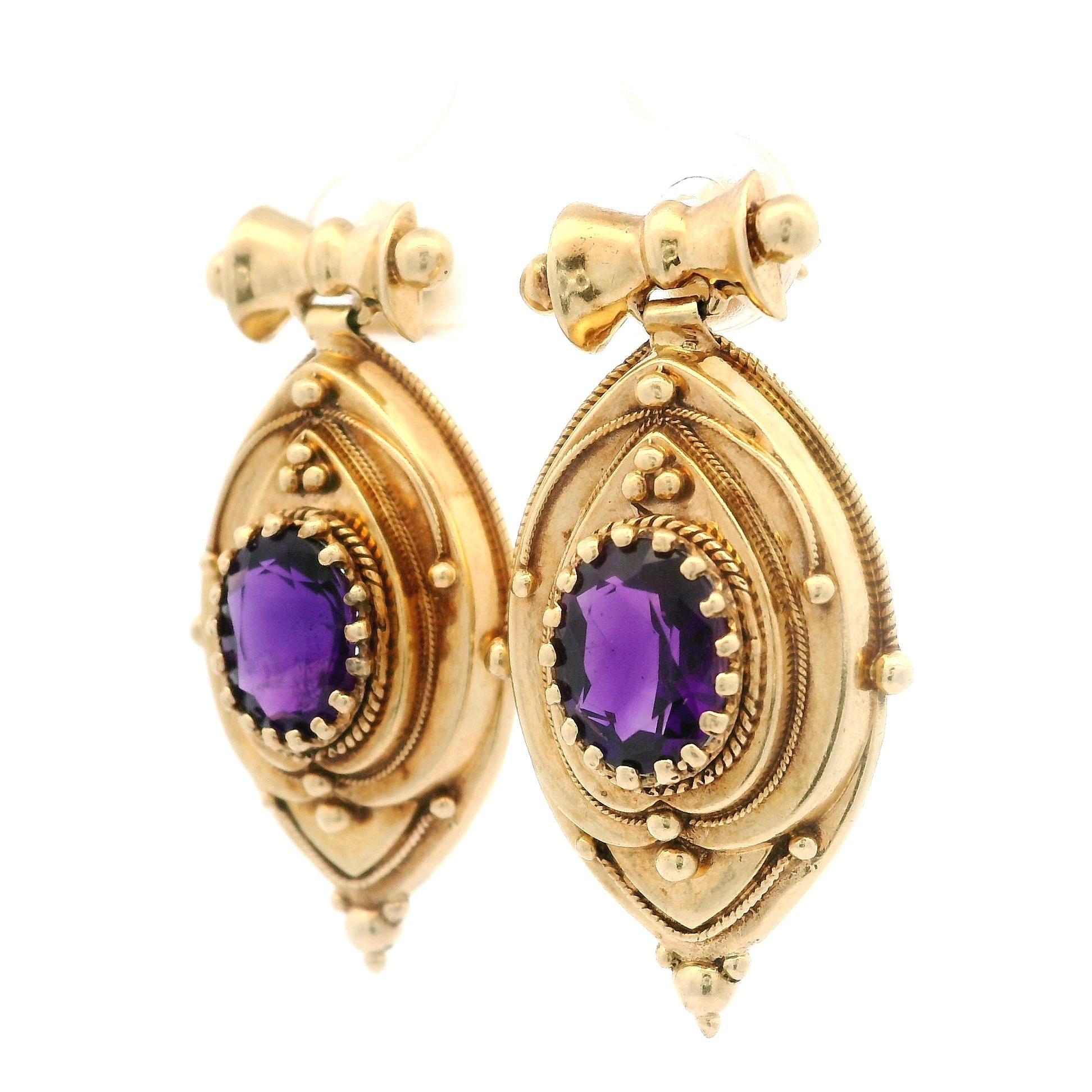 Oval Cut Vintage Retro Victorian Revival 14k Gold Deep Amethyst Drop Dangle Earrings For Sale