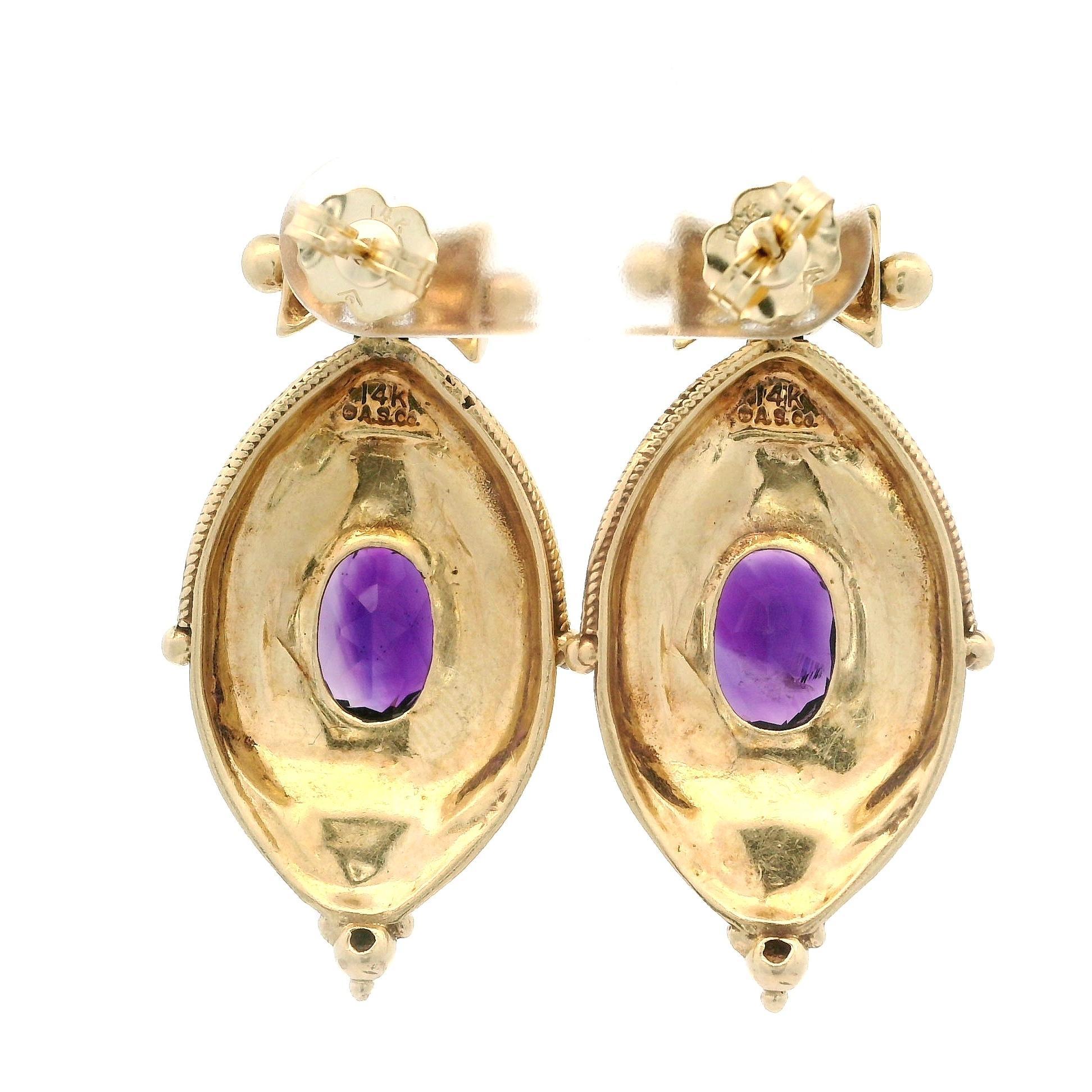 Vintage Retro Victorian Revival 14k Gold Deep Amethyst Drop Dangle Earrings In Good Condition For Sale In Montclair, NJ