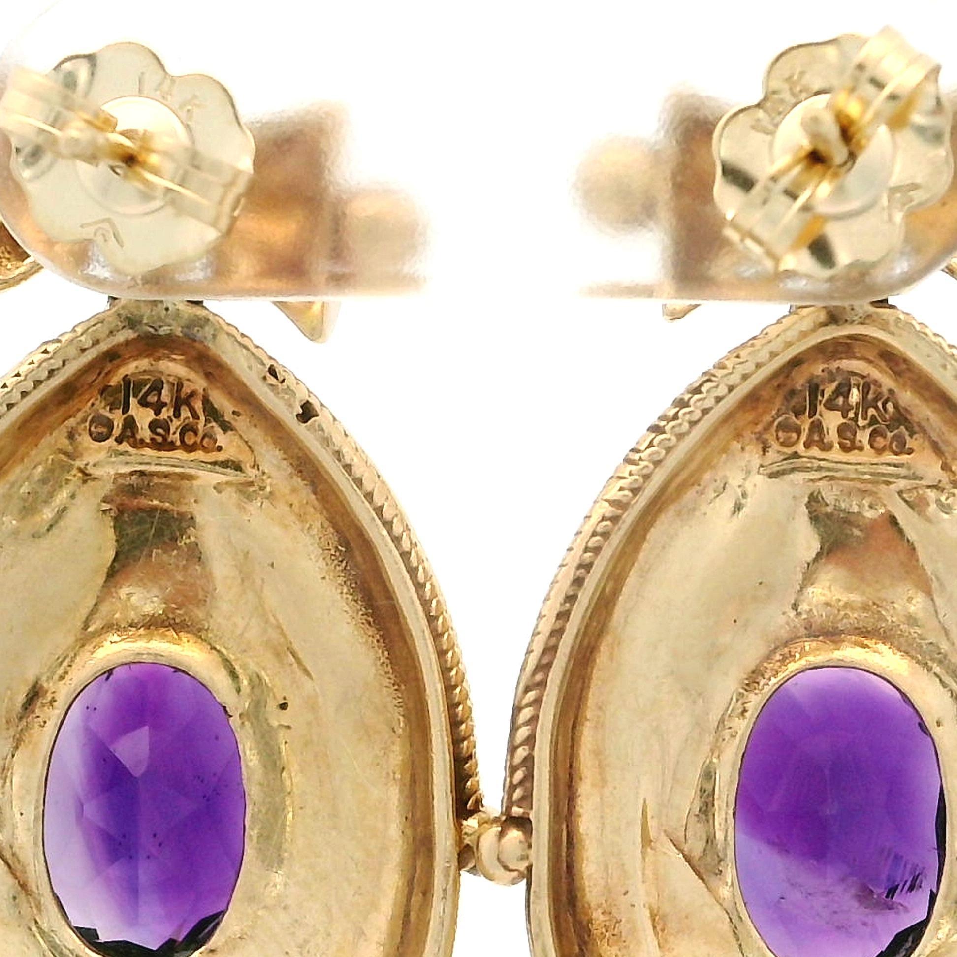 Women's Vintage Retro Victorian Revival 14k Gold Deep Amethyst Drop Dangle Earrings For Sale