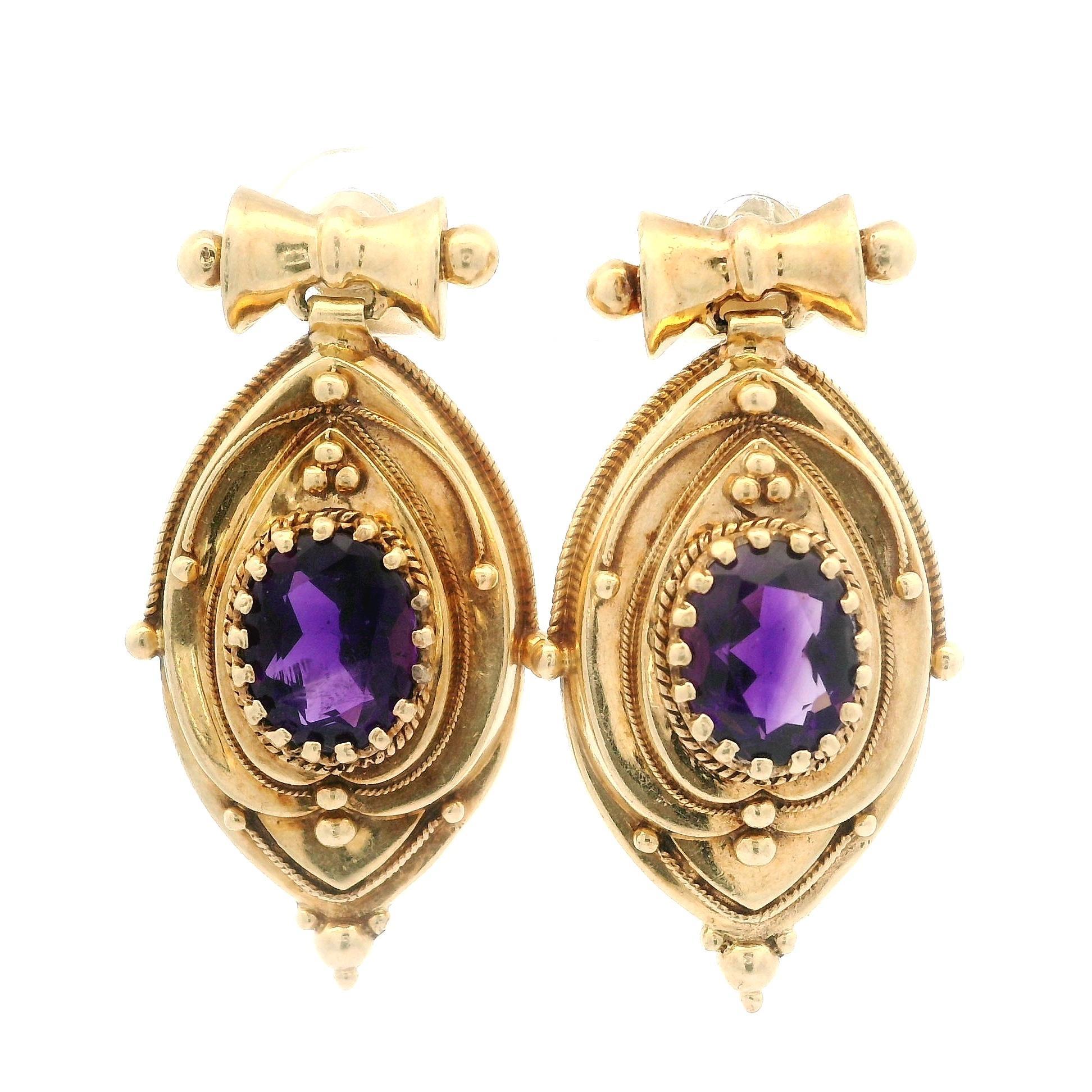 Vintage Retro Victorian Revival 14k Gold Deep Amethyst Drop Dangle Earrings For Sale 1