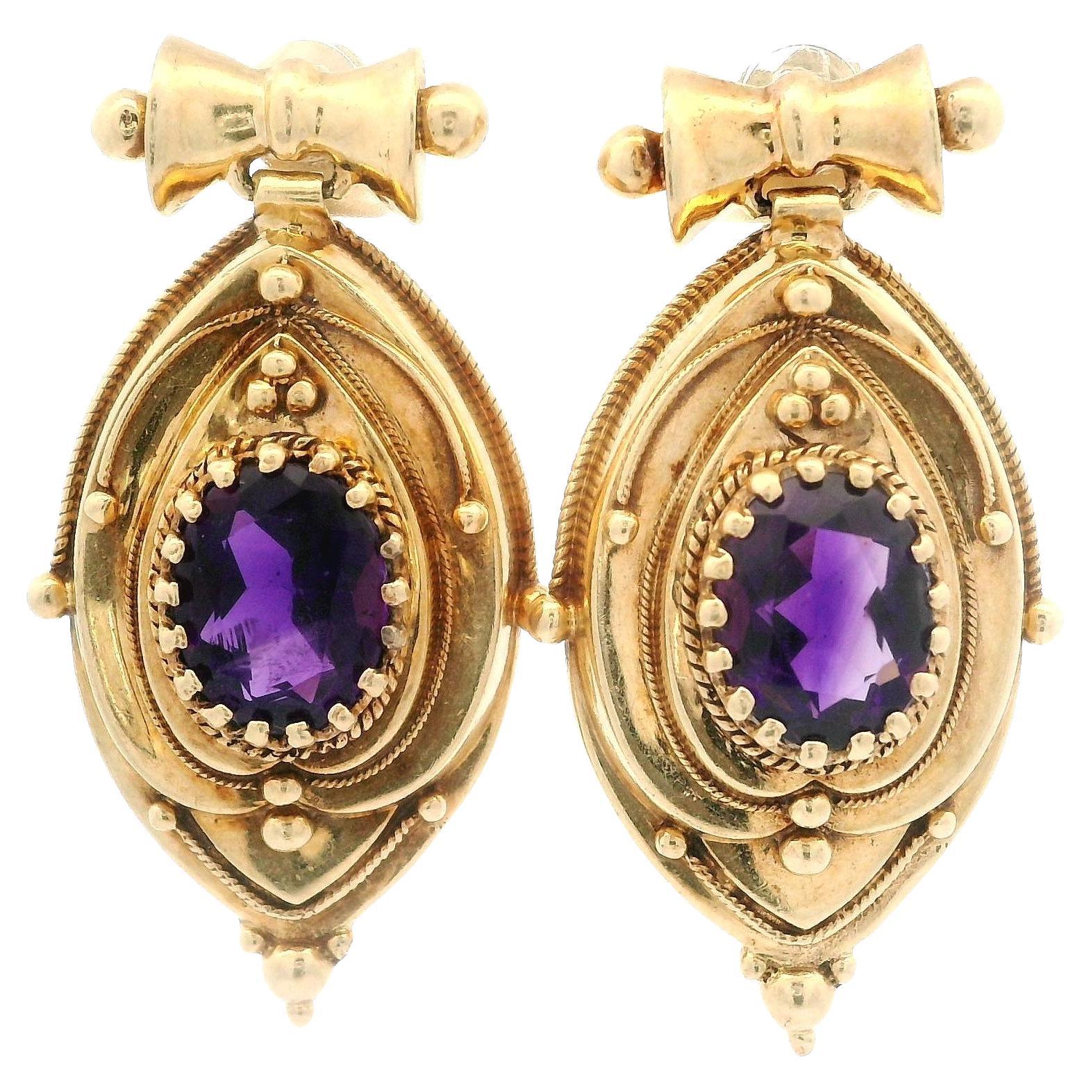 Vintage Retro Victorian Revival 14k Gold Deep Amethyst Drop Dangle Earrings